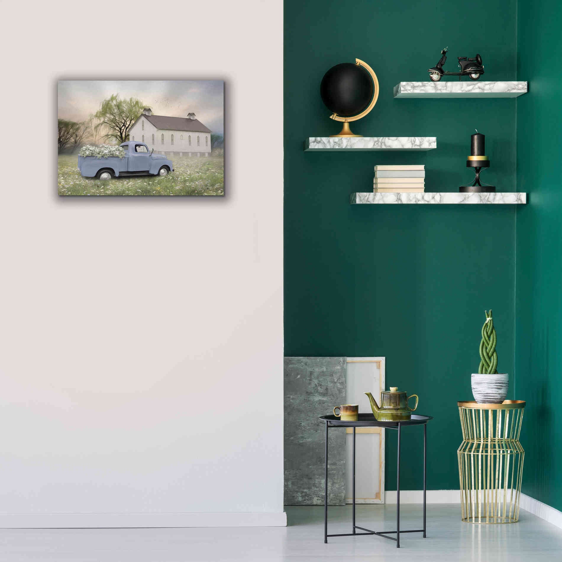 'Blue Ford at Barn' by Lori Deiter, Canvas Wall Art,26 x 18