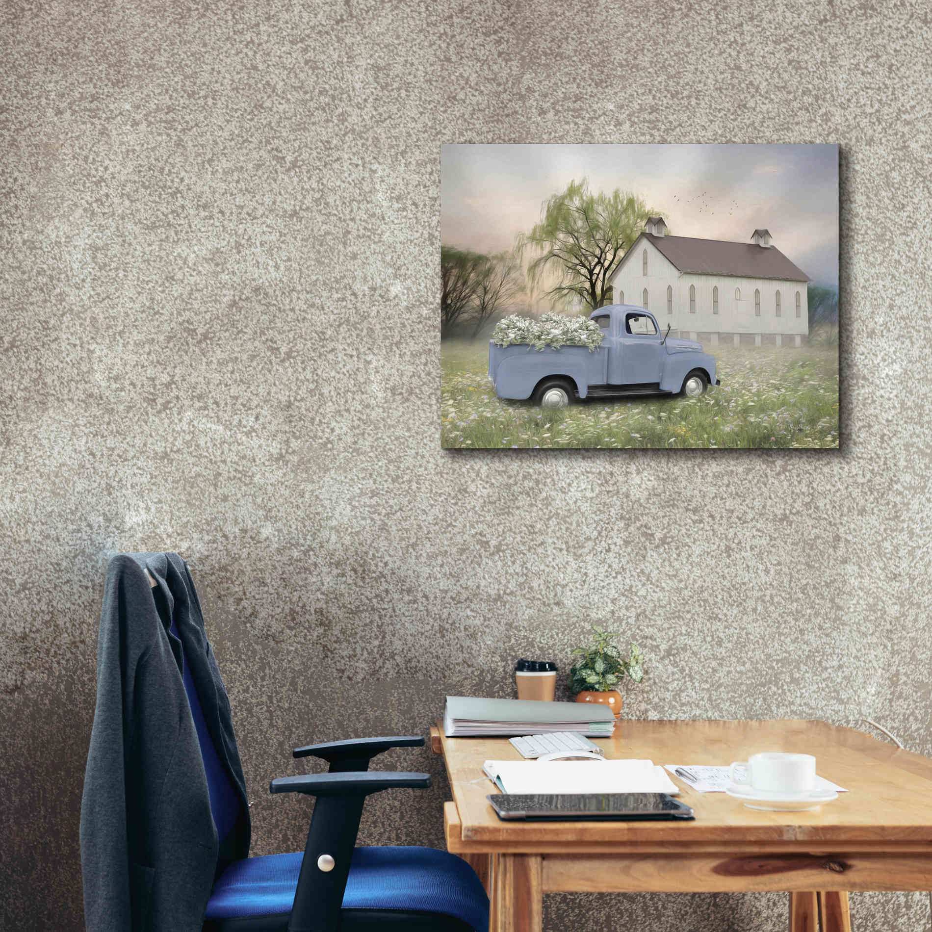 'Blue Ford at Barn' by Lori Deiter, Canvas Wall Art,34 x 26