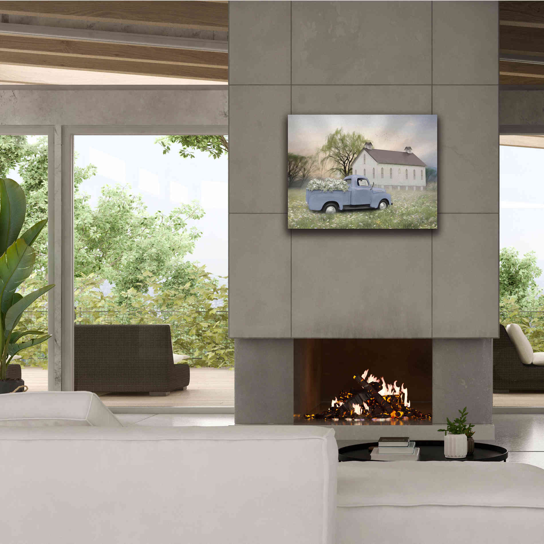 'Blue Ford at Barn' by Lori Deiter, Canvas Wall Art,34 x 26