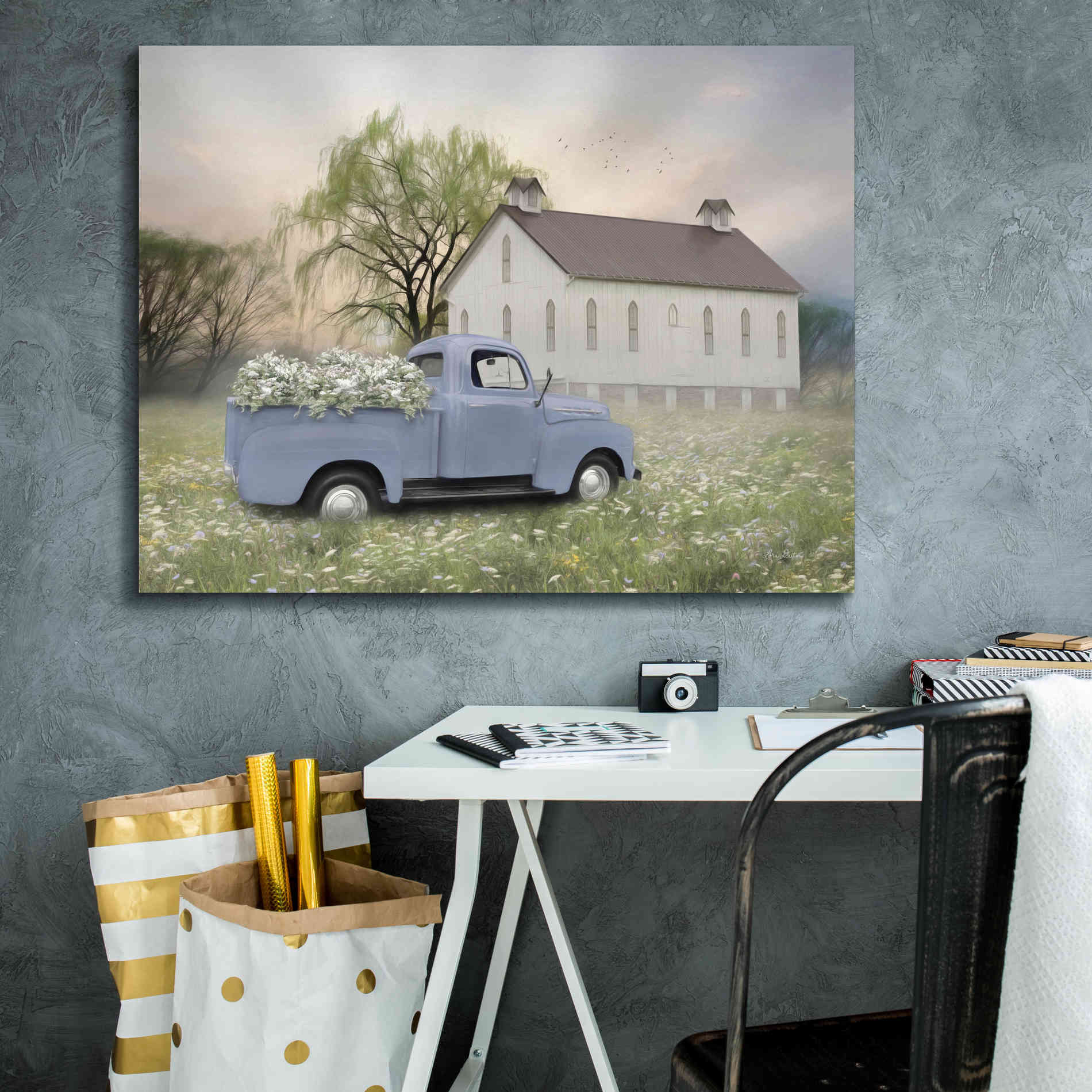 'Blue Ford at Barn' by Lori Deiter, Canvas Wall Art,34 x 26
