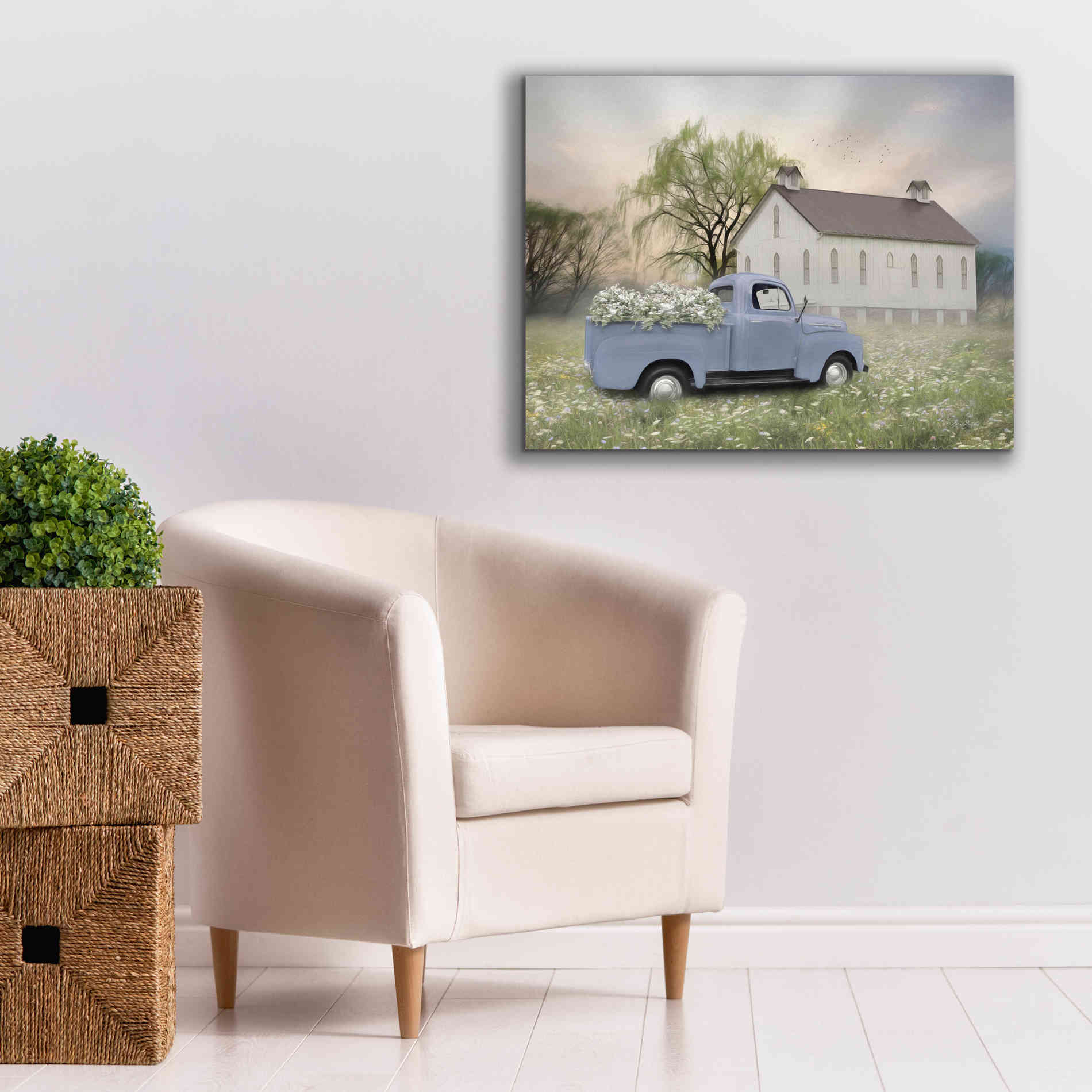 'Blue Ford at Barn' by Lori Deiter, Canvas Wall Art,34 x 26