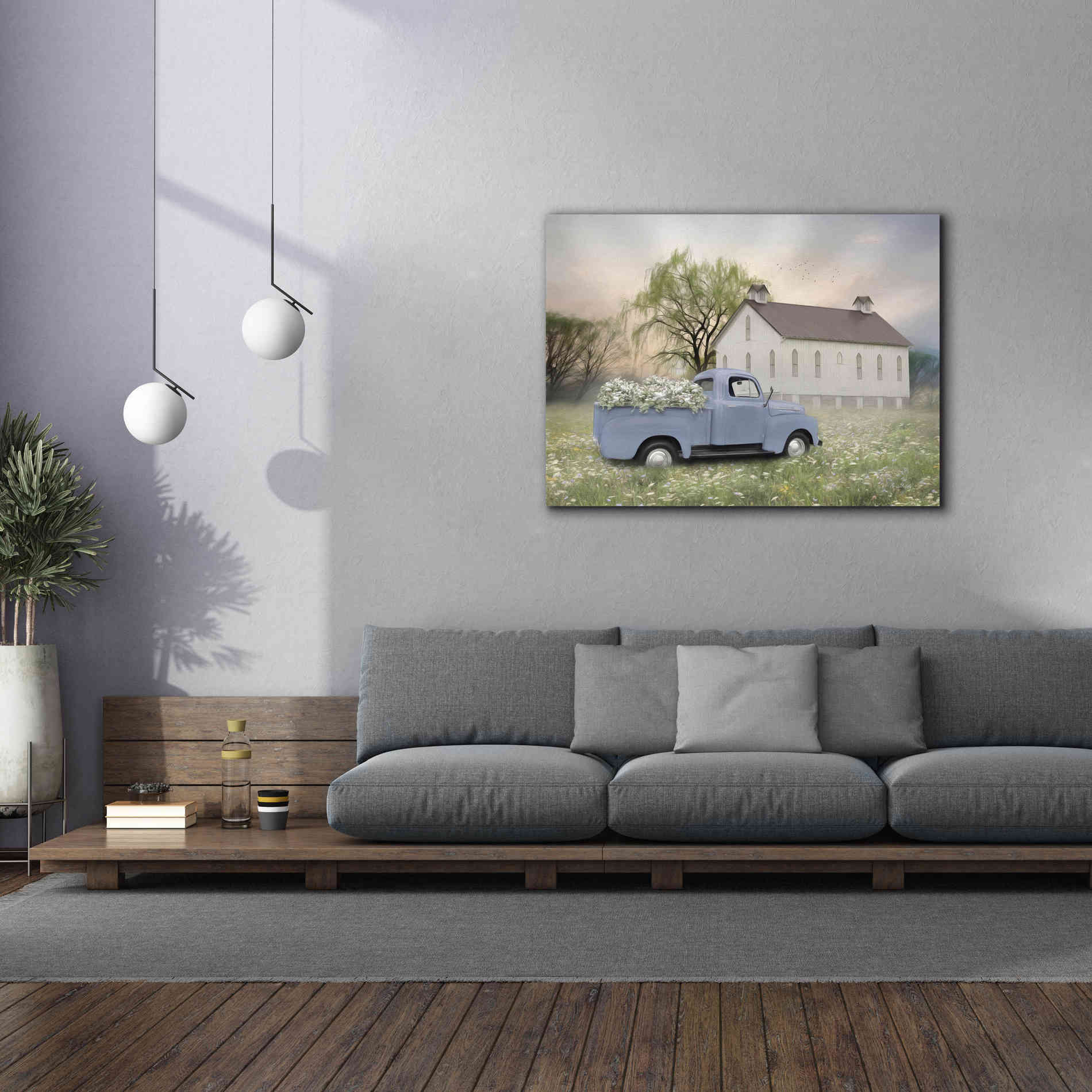 'Blue Ford at Barn' by Lori Deiter, Canvas Wall Art,54 x 40