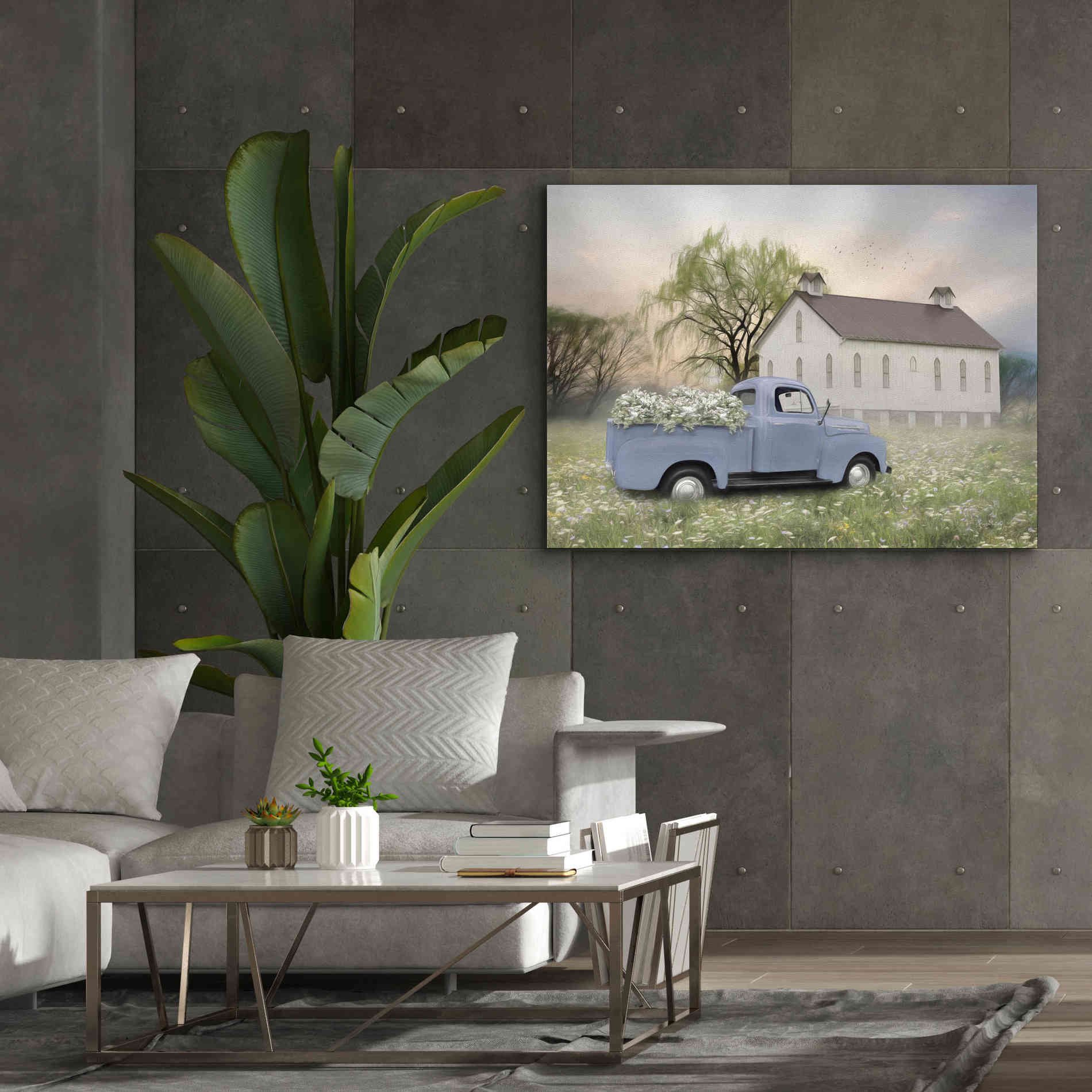 'Blue Ford at Barn' by Lori Deiter, Canvas Wall Art,54 x 40