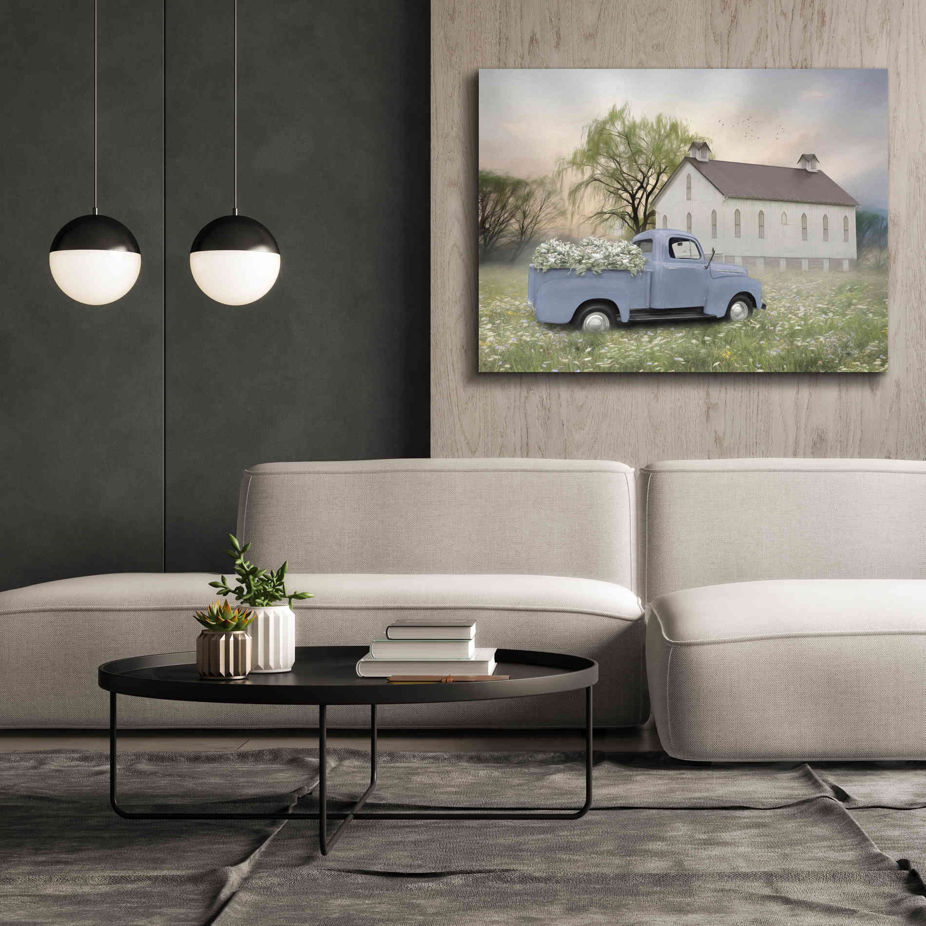'Blue Ford at Barn' by Lori Deiter, Canvas Wall Art,54 x 40