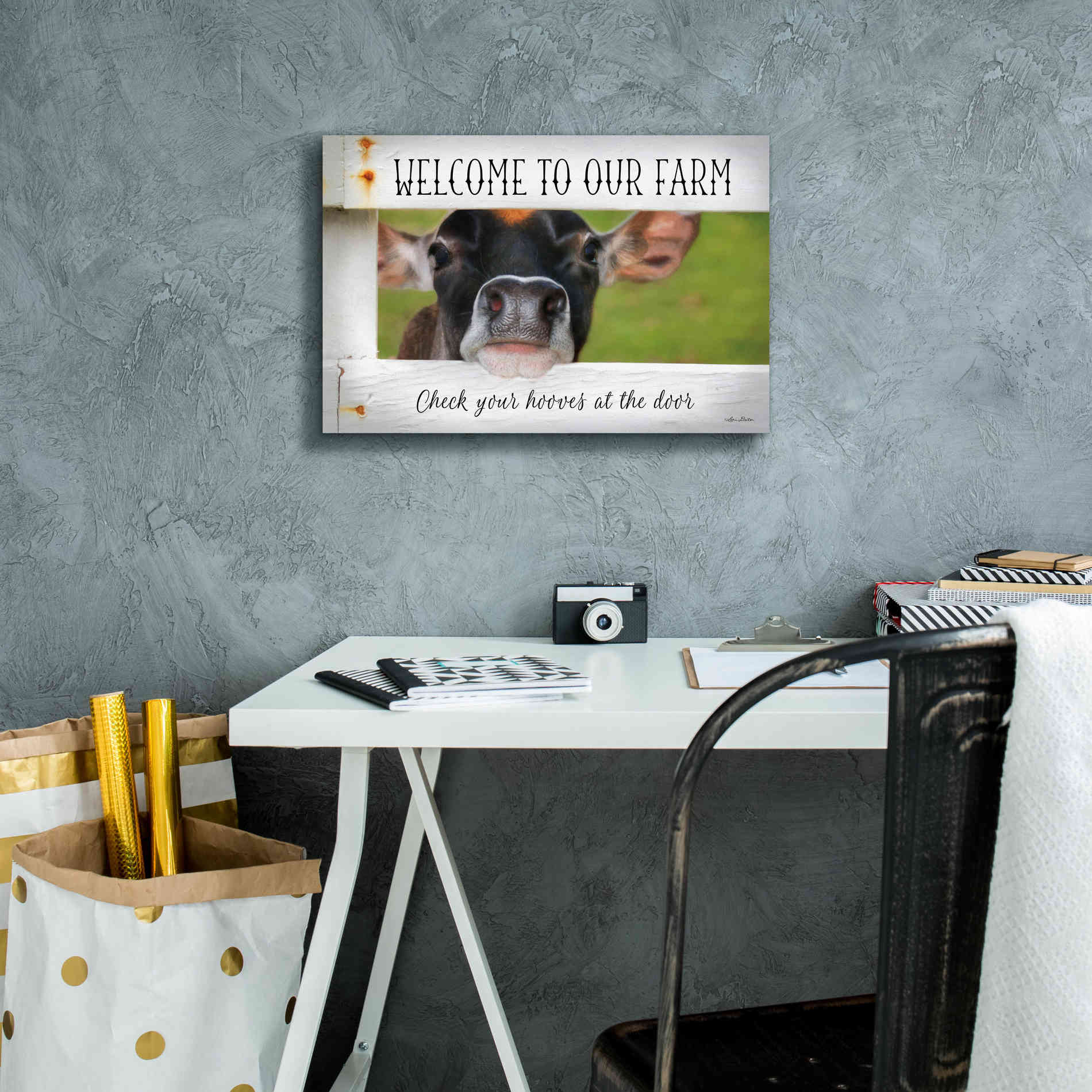 'Welcome Cow' by Lori Deiter Canvas Wall Art,18 x 12