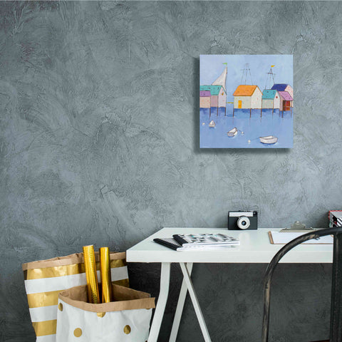 Image of 'Boat House Row Dark Blue Sky' by Phyllis Adams, Canvas Wall Art,12 x 12