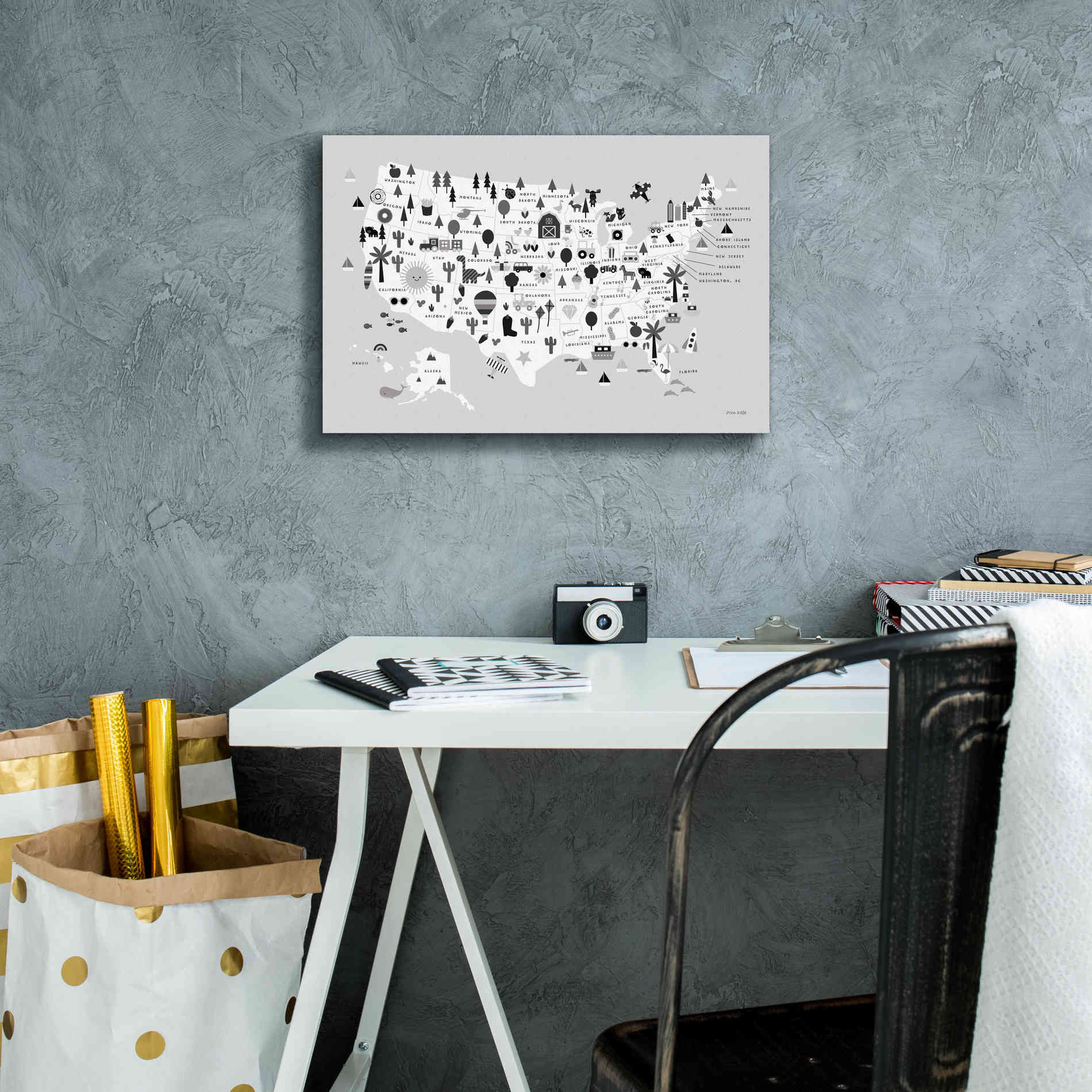 'Fun USA Map BW' by Ann Kelle Designs, Canvas Wall Art,18 x 12