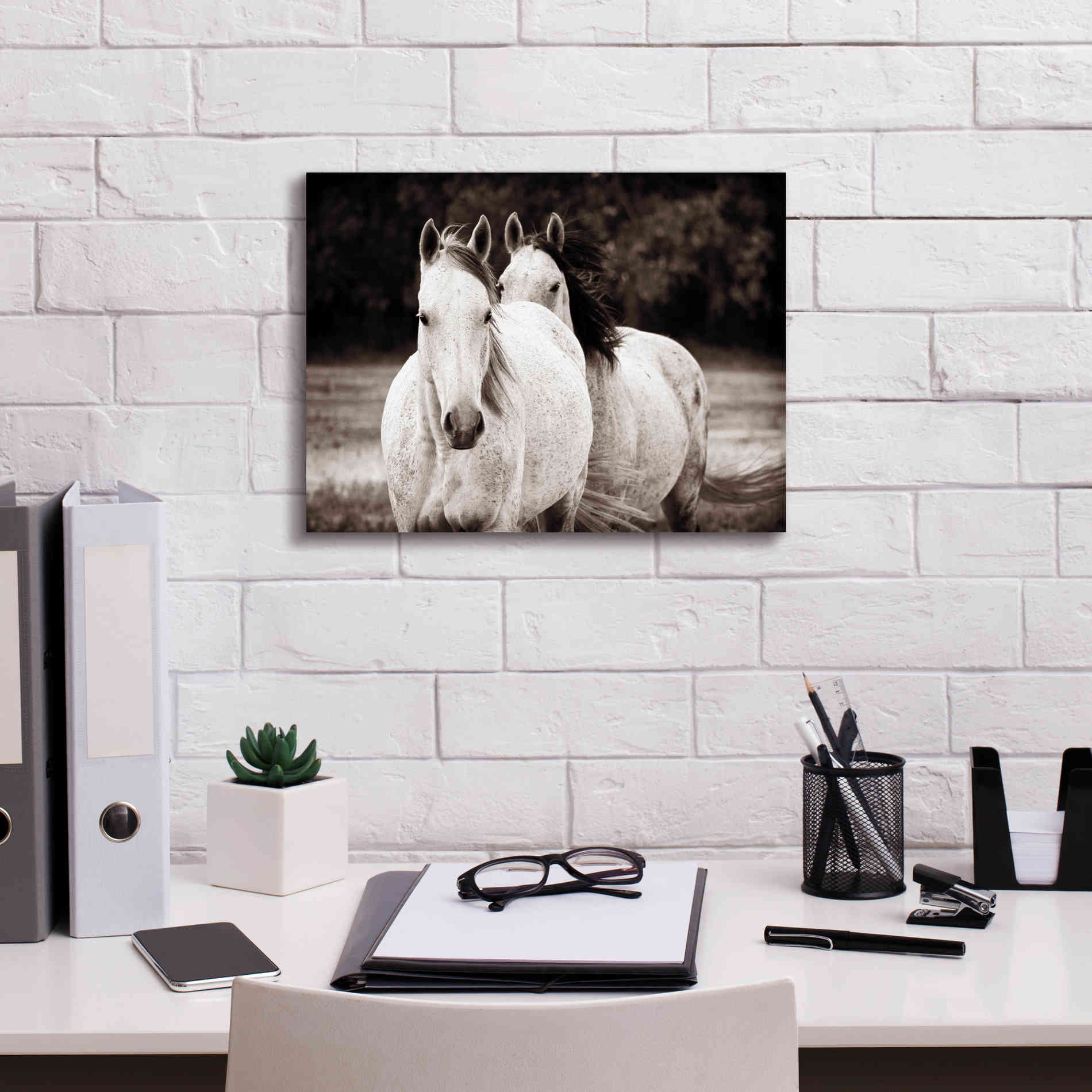 'Two Wild Horses Sepia' by Debra Van Swearingen, Canvas Wall Art,16 x 12