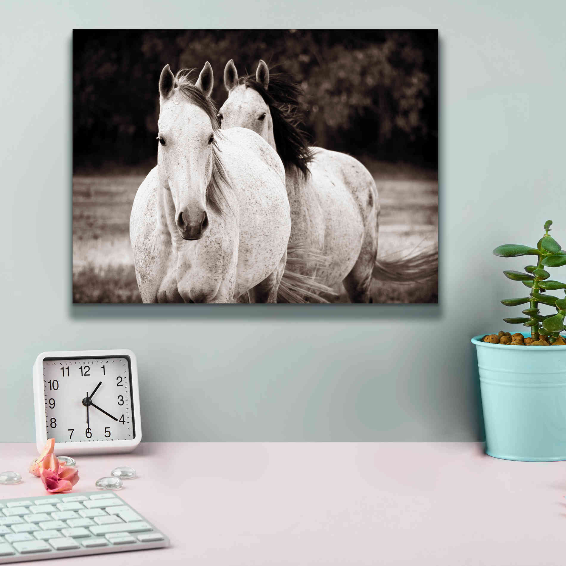 'Two Wild Horses Sepia' by Debra Van Swearingen, Canvas Wall Art,16 x 12