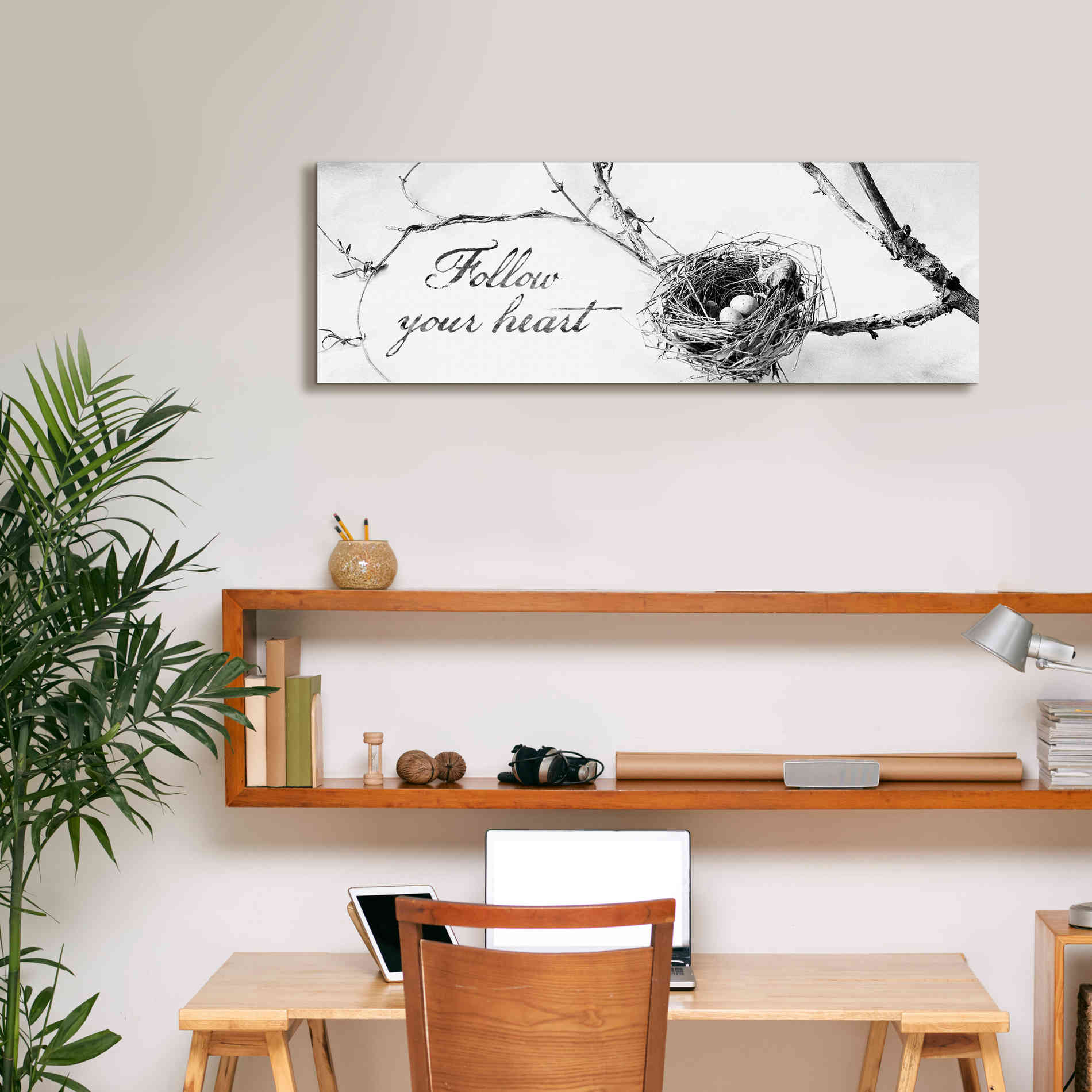 'Nest and Branch Follow Your Heart' by Debra Van Swearingen, Canvas Wall Art,36 x 12