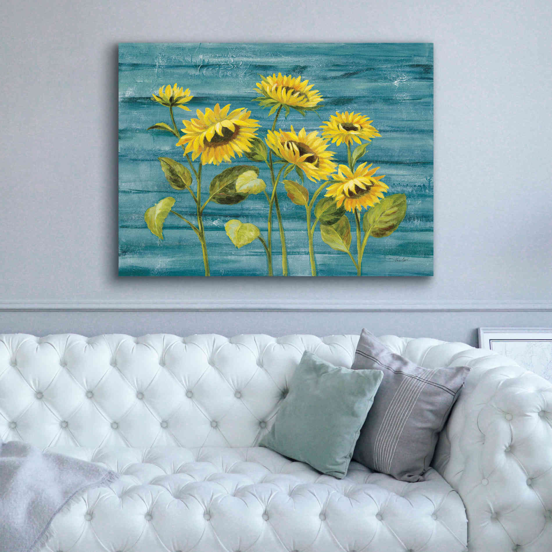 'Cottage Sunflowers Teal' by Silvia Vassileva, Canvas Wall Art,54 x 40
