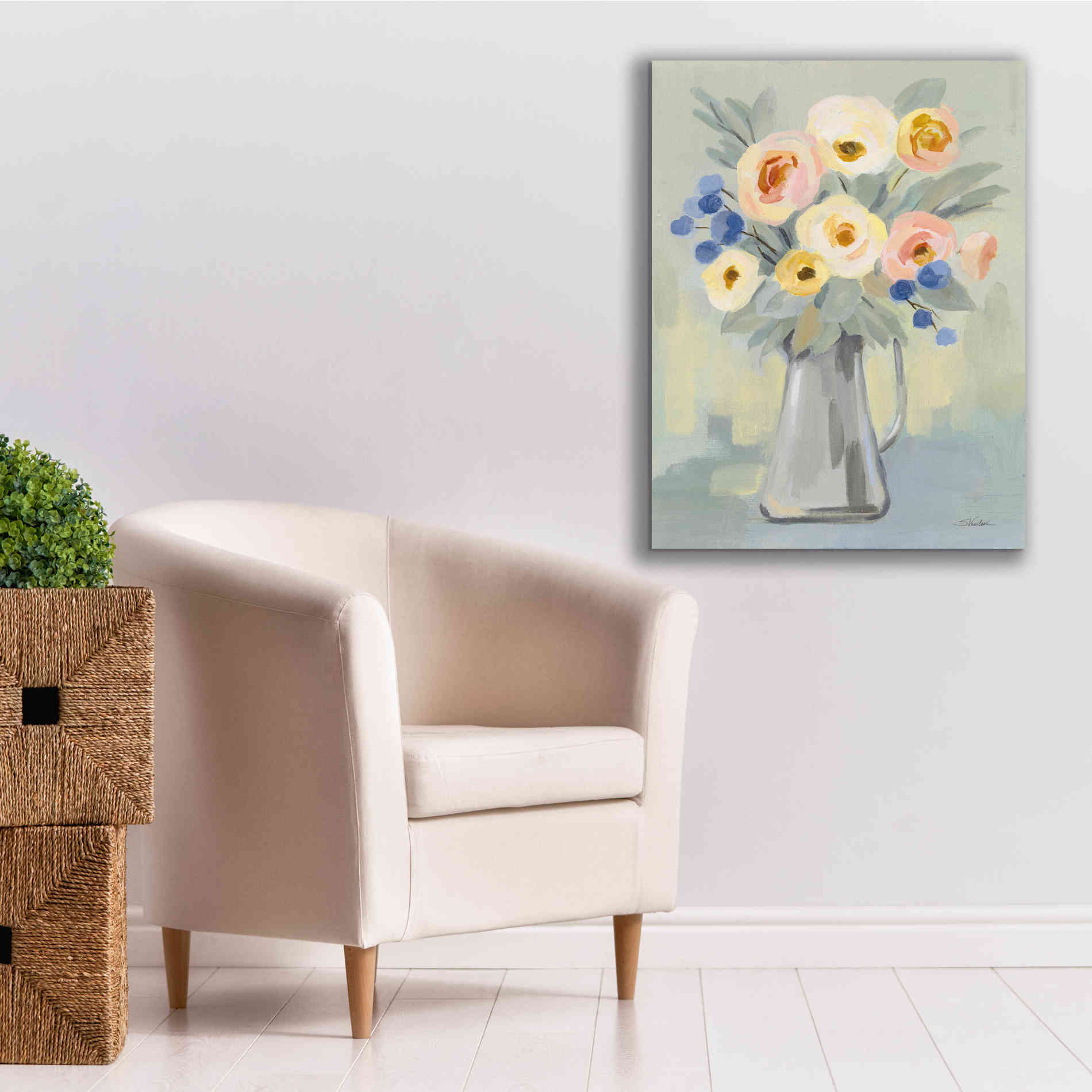 'Pale Flowers on Sage' by Silvia Vassileva, Canvas Wall Art,26 x 34