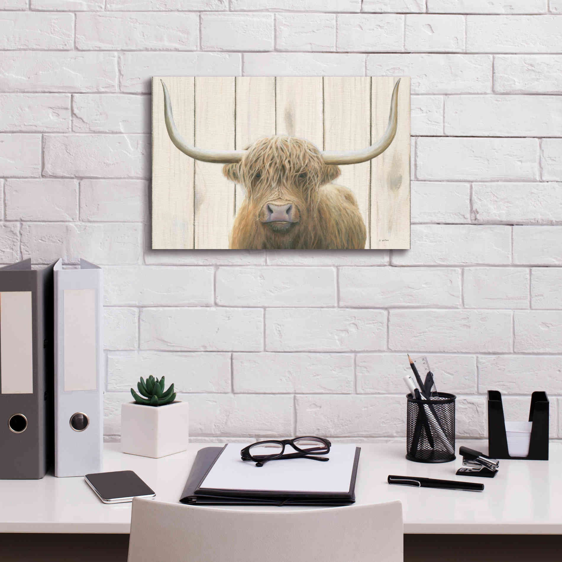 'Highland Cow Shiplap' by James Wiens, Canvas Wall Art,18 x 12