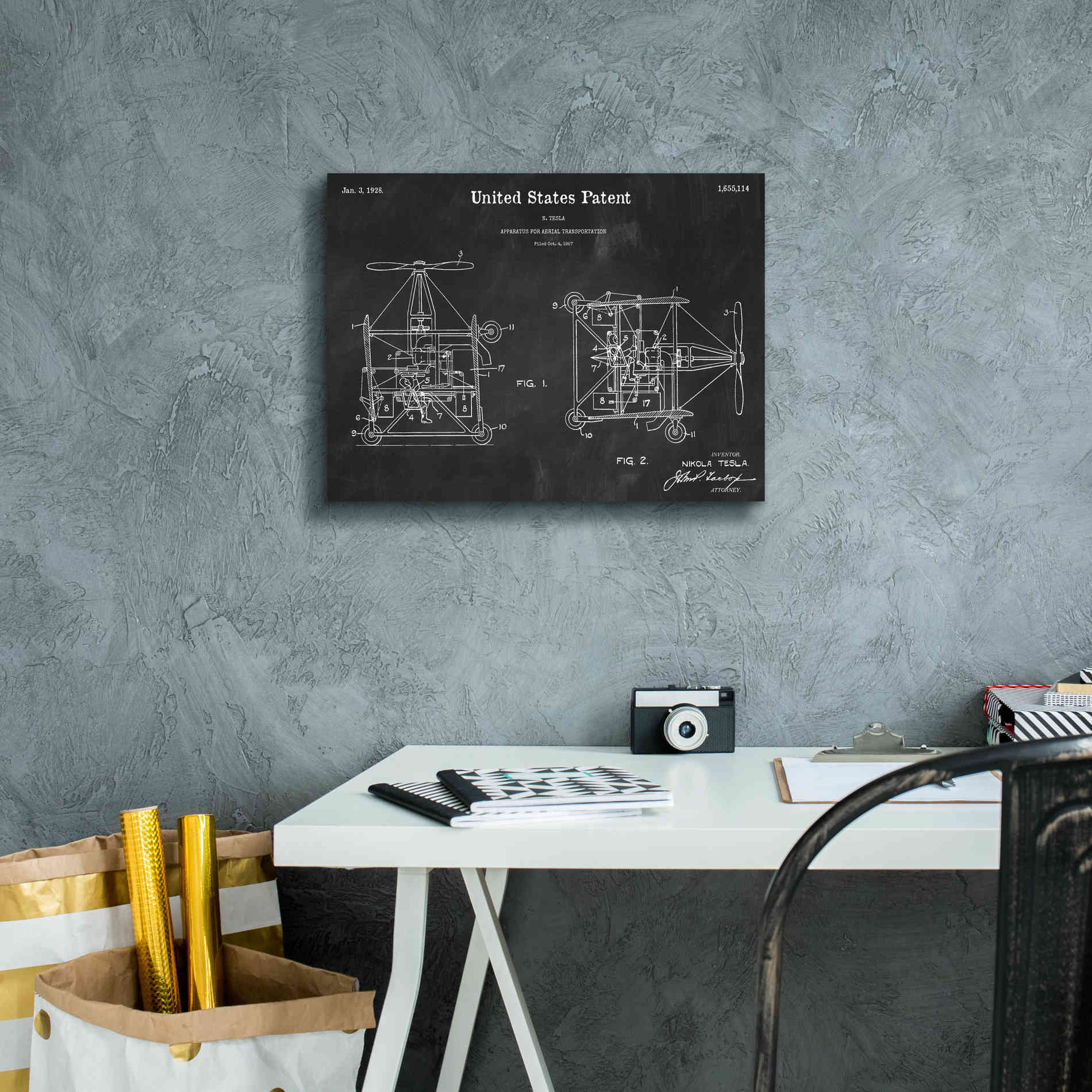 'Tesla Aerial Apparatus Blueprint Patent Chalkboard,' Canvas Wall Art,16 x 12