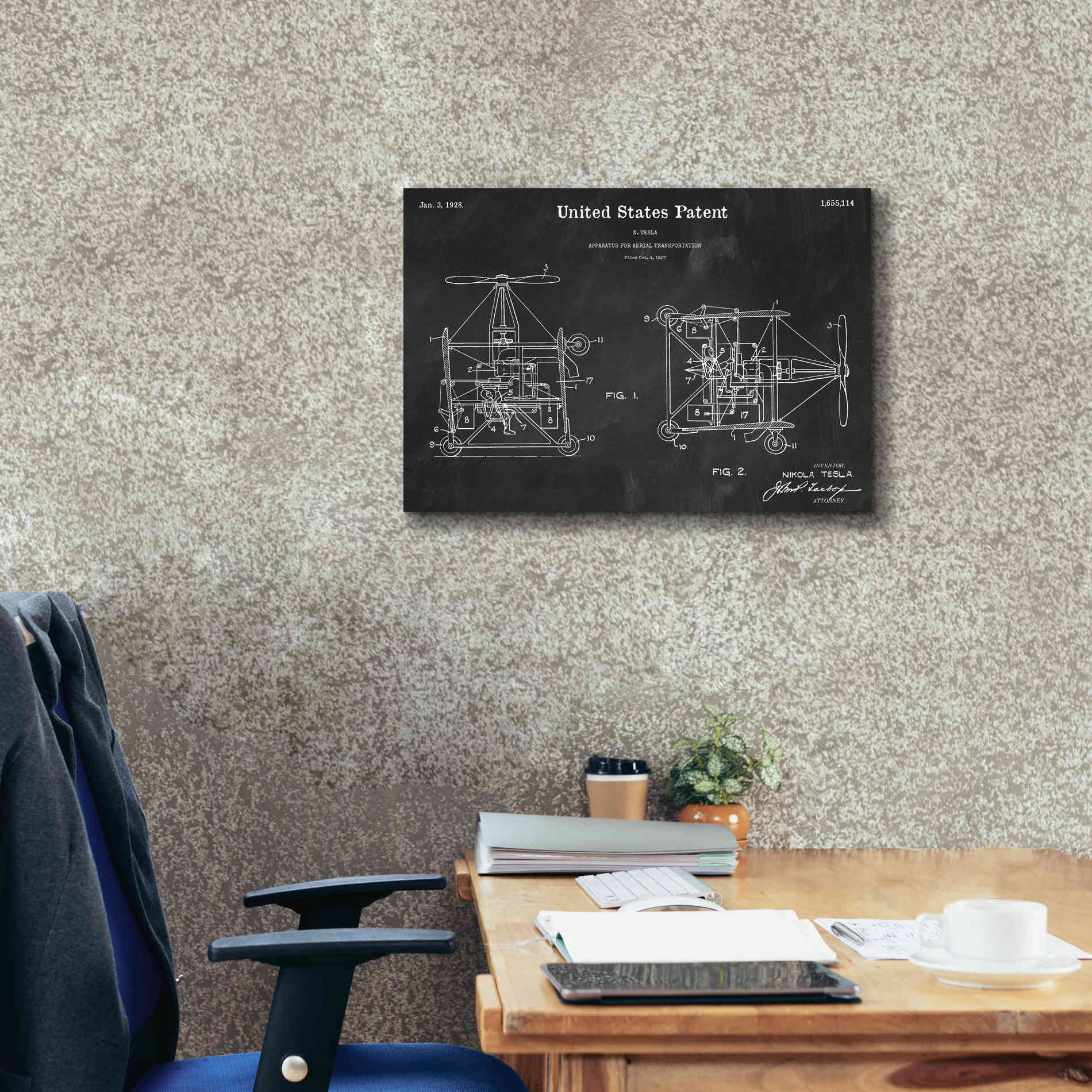 'Tesla Aerial Apparatus Blueprint Patent Chalkboard,' Canvas Wall Art,26 x 18
