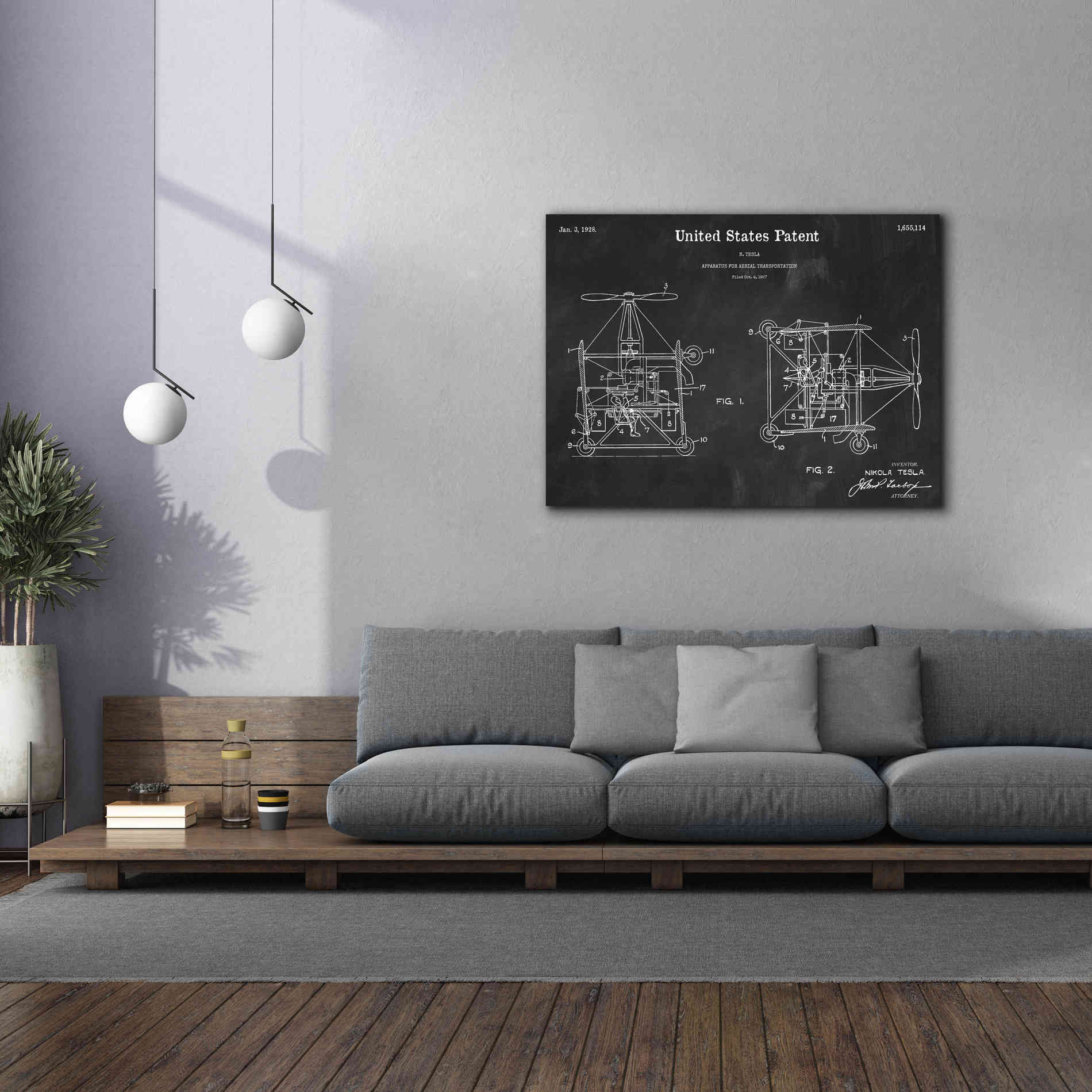 'Tesla Aerial Apparatus Blueprint Patent Chalkboard,' Canvas Wall Art,54 x 40