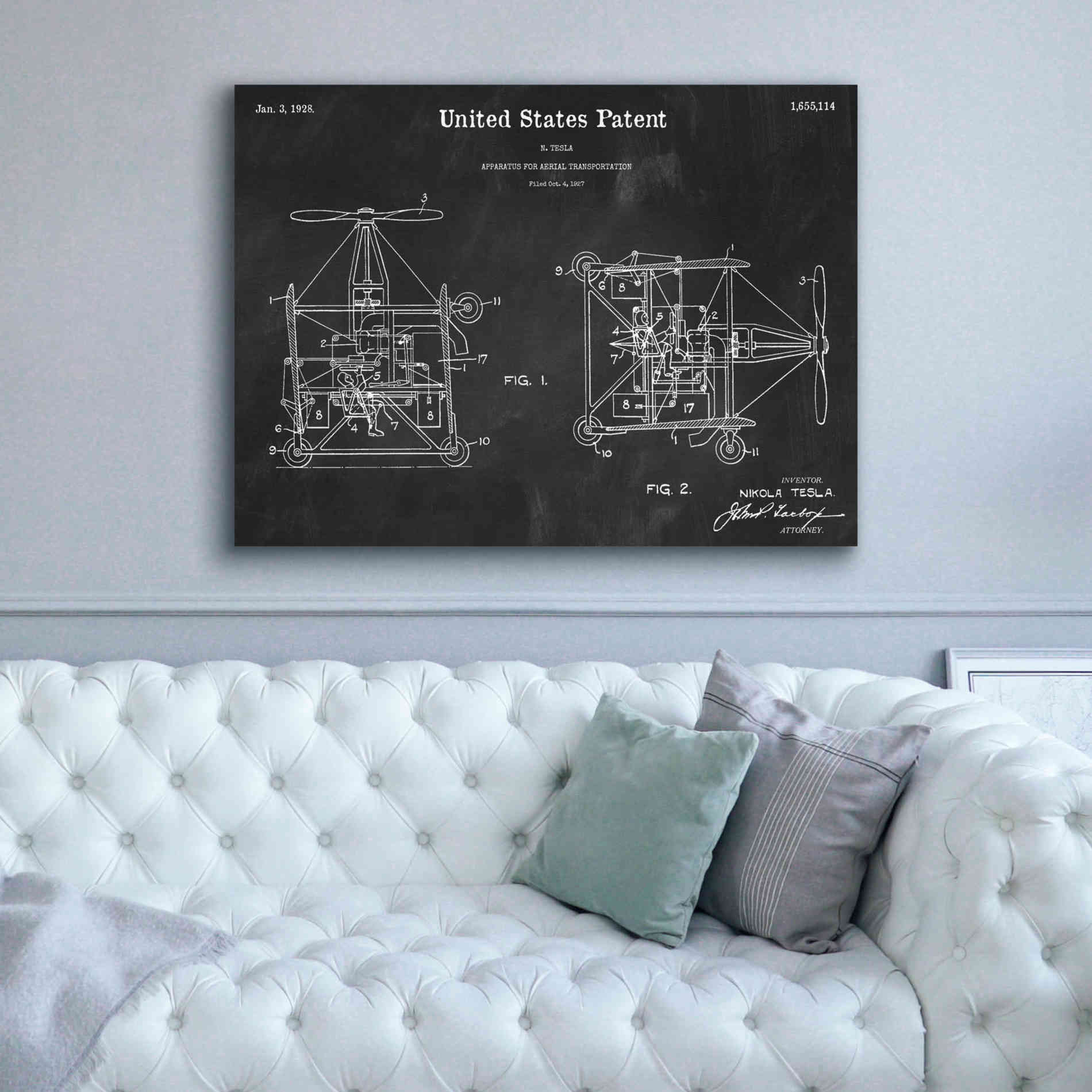 'Tesla Aerial Apparatus Blueprint Patent Chalkboard,' Canvas Wall Art,54 x 40