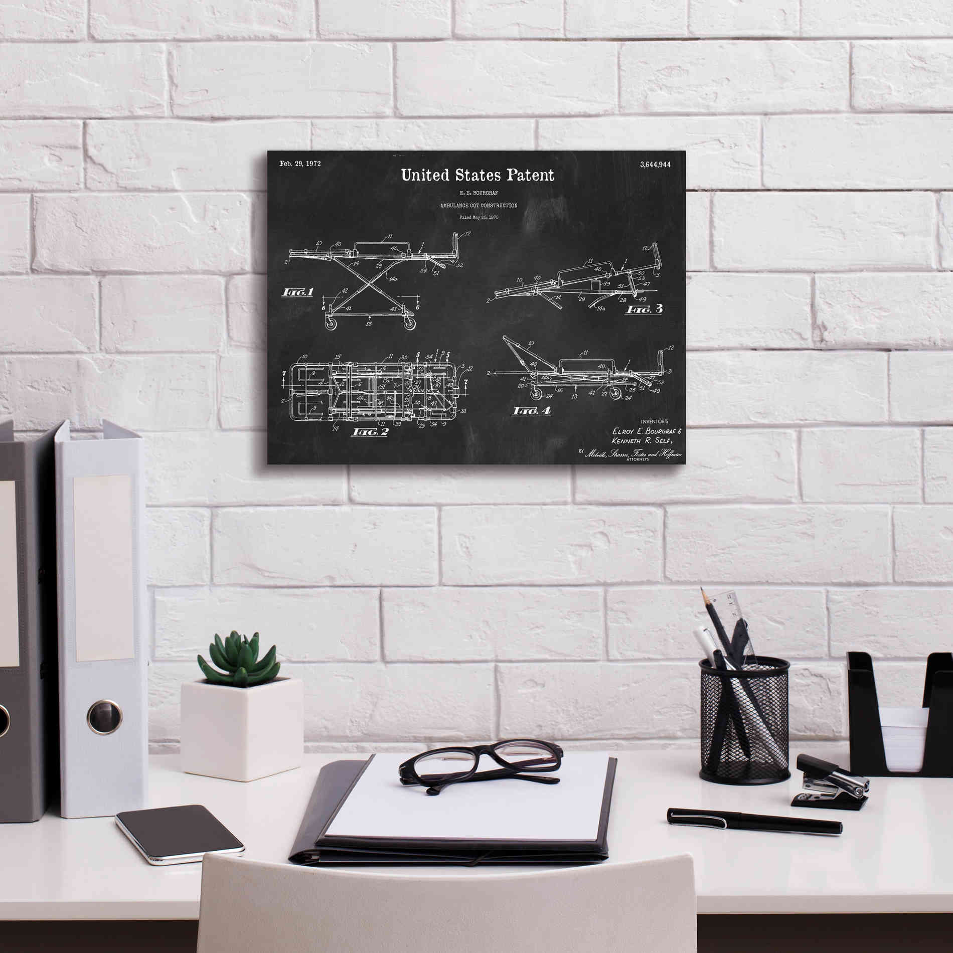 'EMT Stretcher Blueprint Patent Chalkboard,' Canvas Wall Art,16 x 12