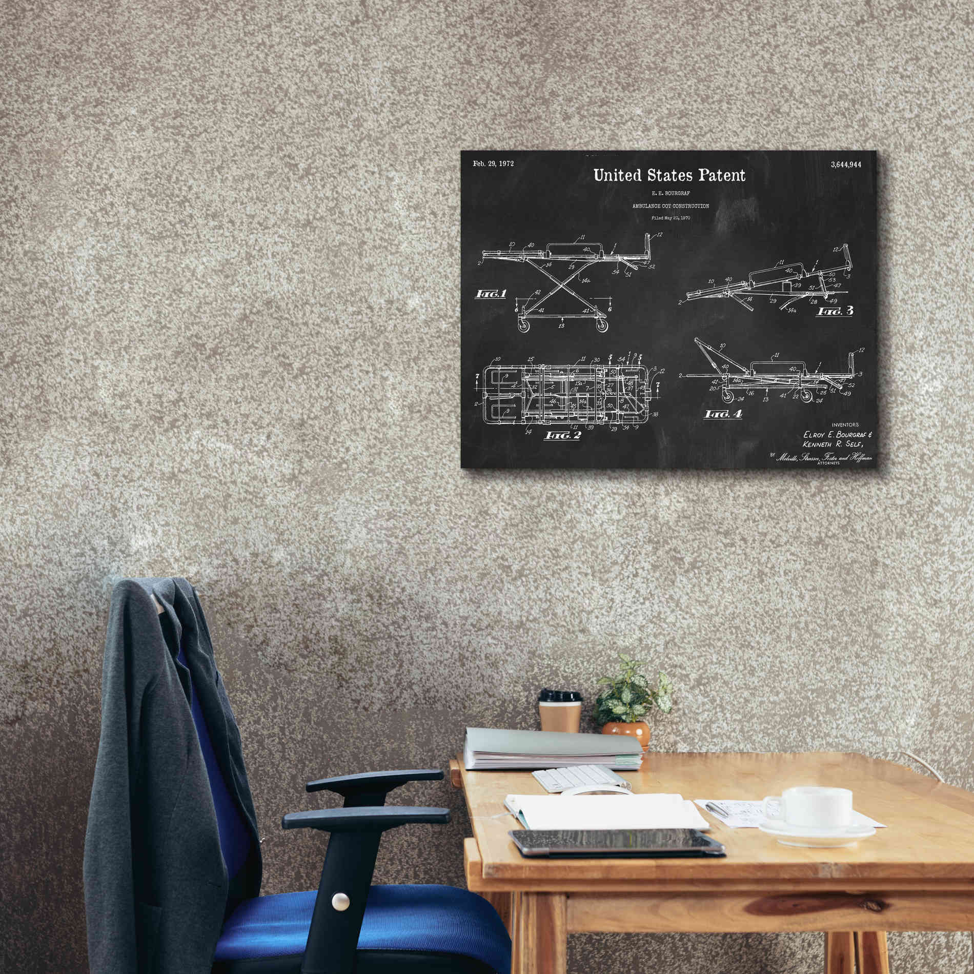 'EMT Stretcher Blueprint Patent Chalkboard,' Canvas Wall Art,34 x 26