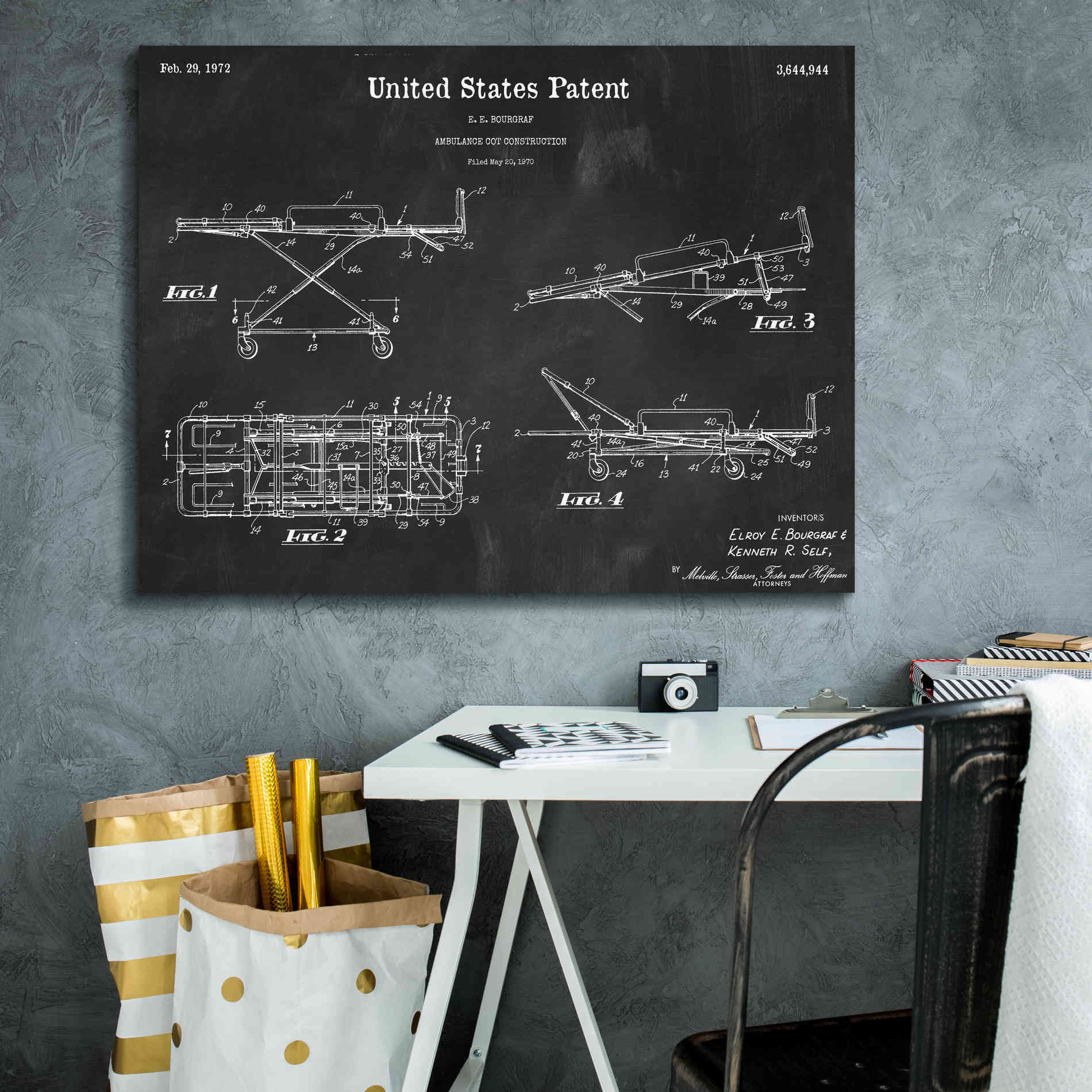 'EMT Stretcher Blueprint Patent Chalkboard,' Canvas Wall Art,34 x 26