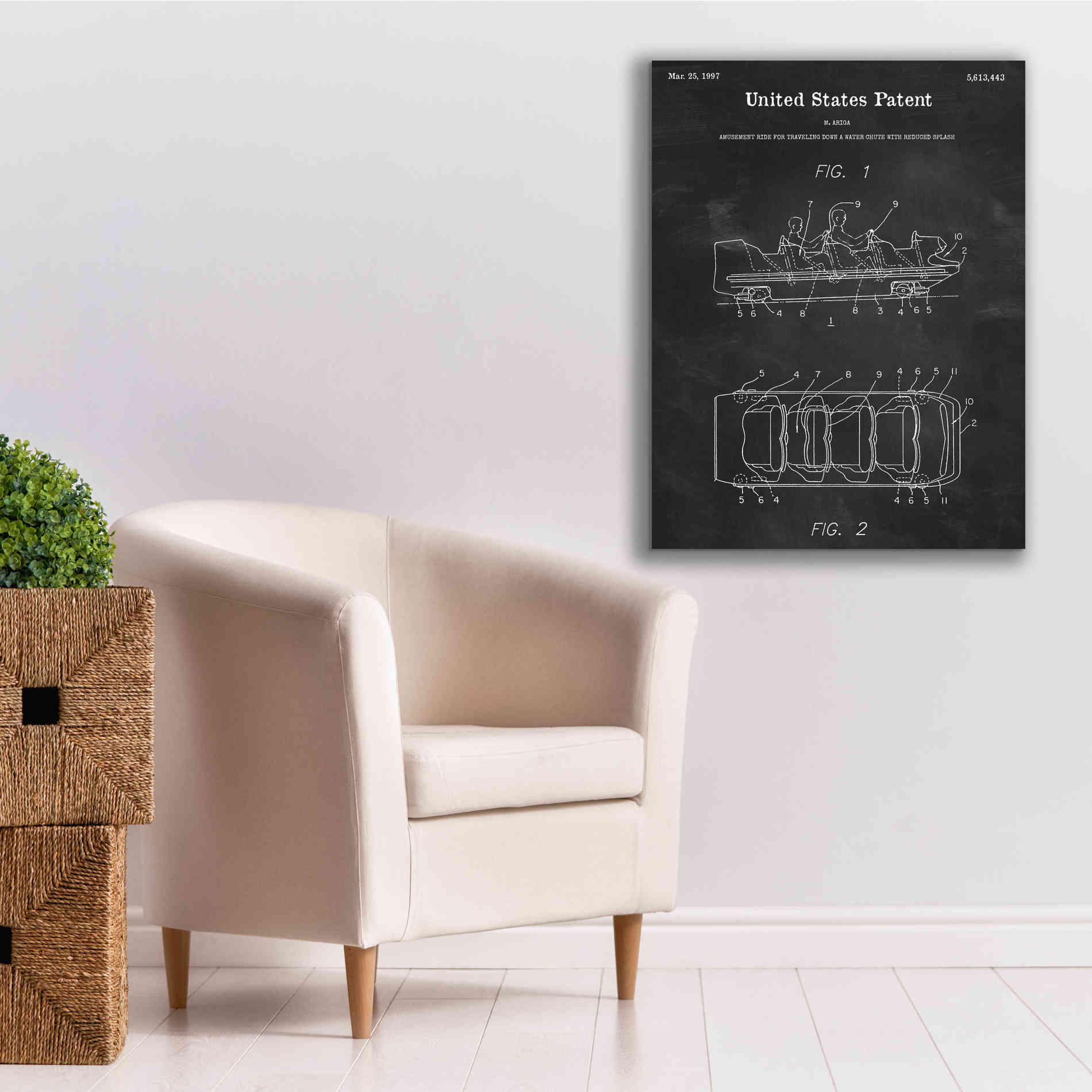 'Water Coaster Ride Blueprint Patent Chalkboard,' Canvas Wall Art,26 x 34