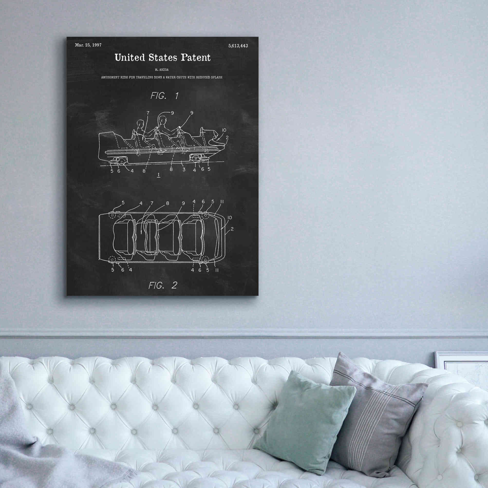 'Water Coaster Ride Blueprint Patent Chalkboard,' Canvas Wall Art,40 x 54
