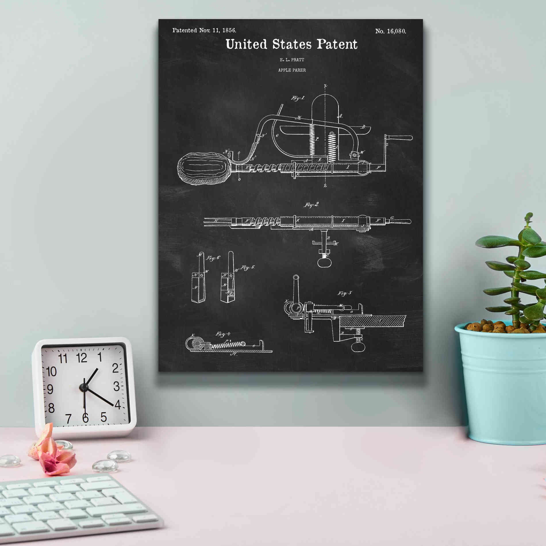'Apple Parer Blueprint Patent Chalkboard,' Canvas Wall Art,12 x 16