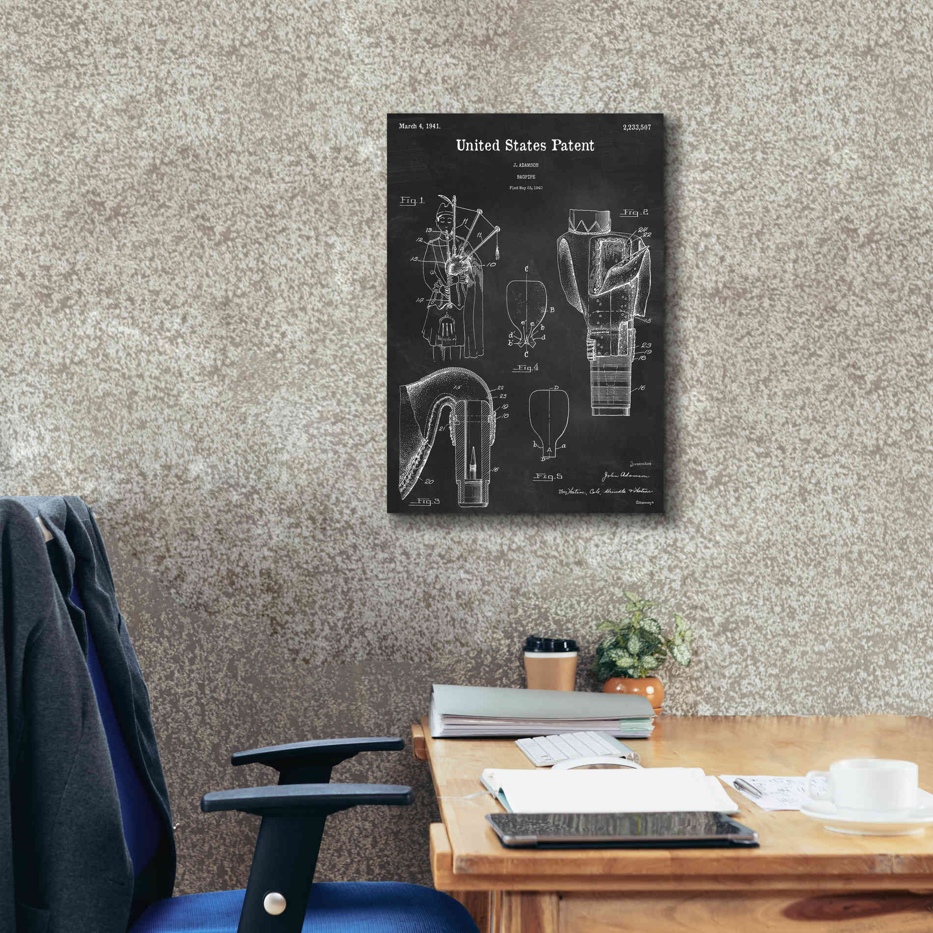 'Bagpipe Blueprint Patent Chalkboard,' Canvas Wall Art,18 x 26