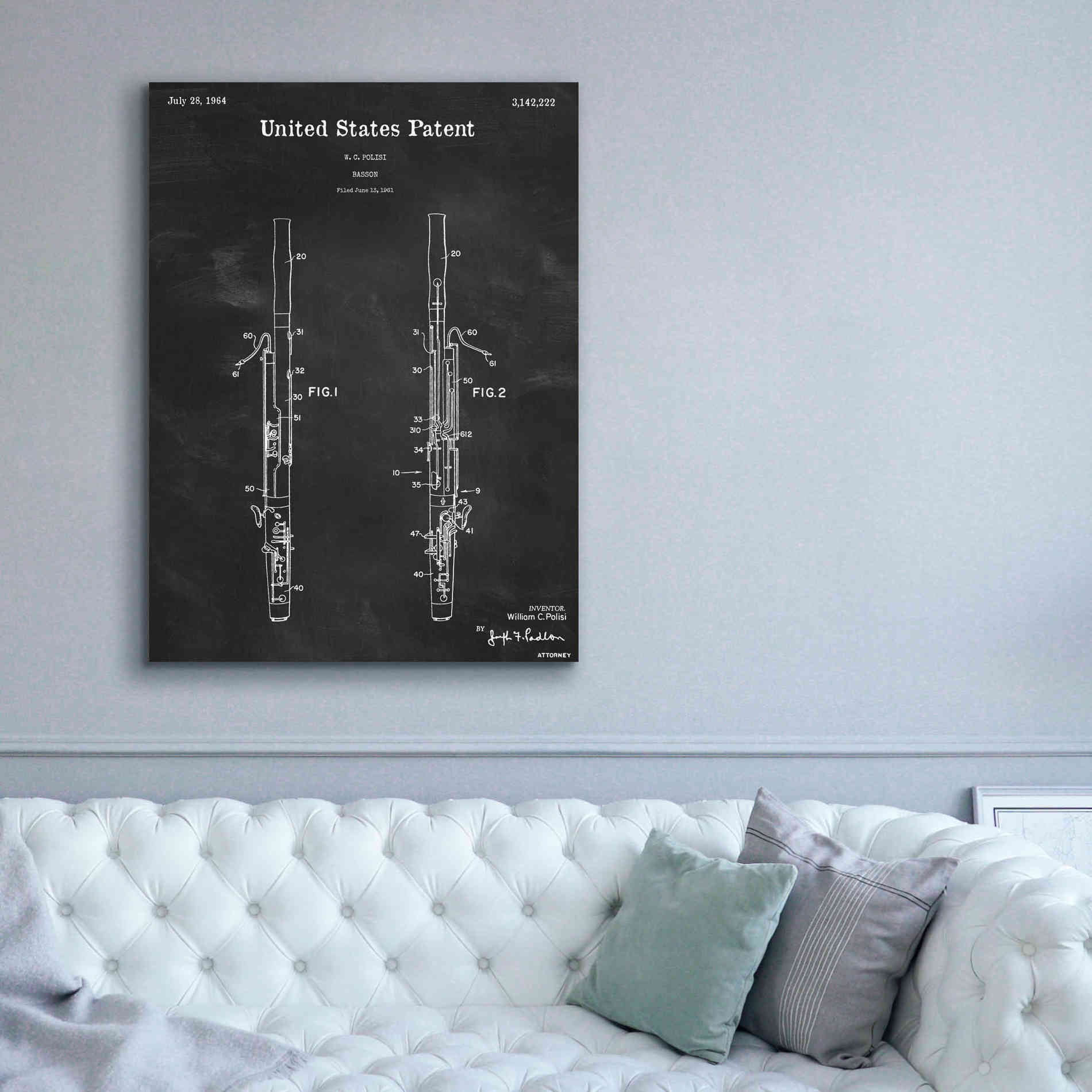 'Bassoon Blueprint Patent Chalkboard,' Canvas Wall Art,40 x 54