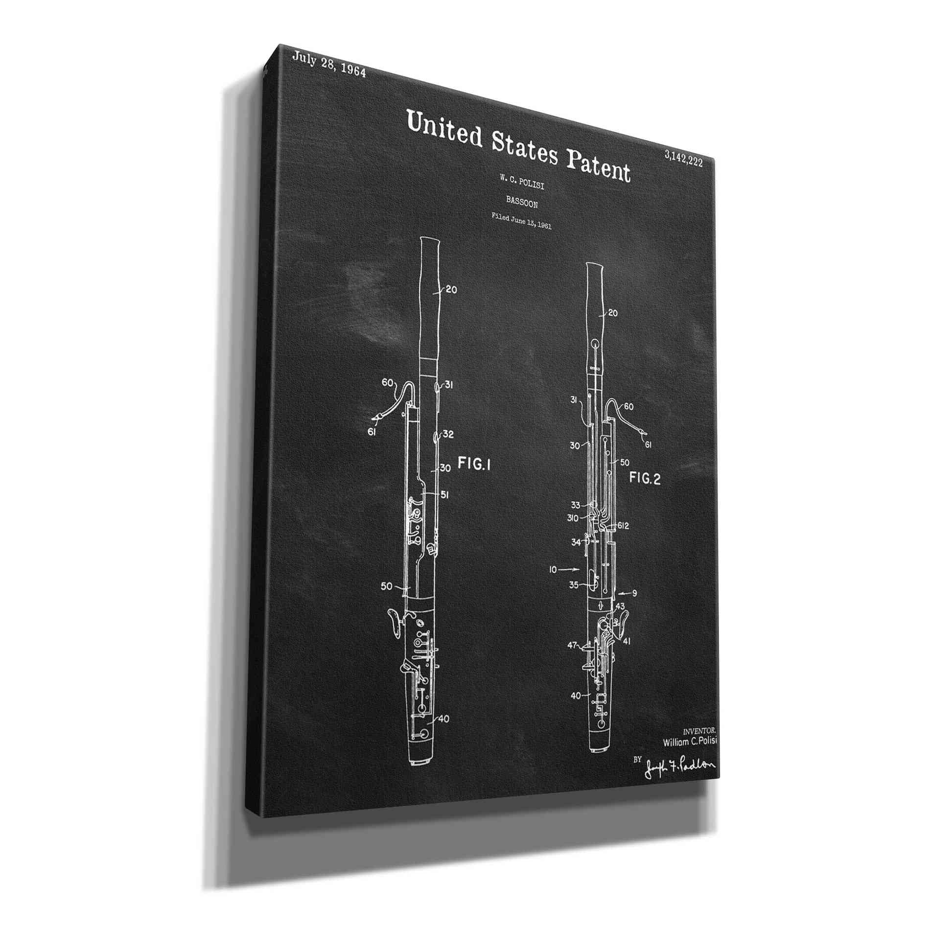 'Bassoon Blueprint Patent Chalkboard,' Canvas Wall Art,12x16x1.1x0,18x26x1.1x0,26x34x1.74x0,40x54x1.74x0