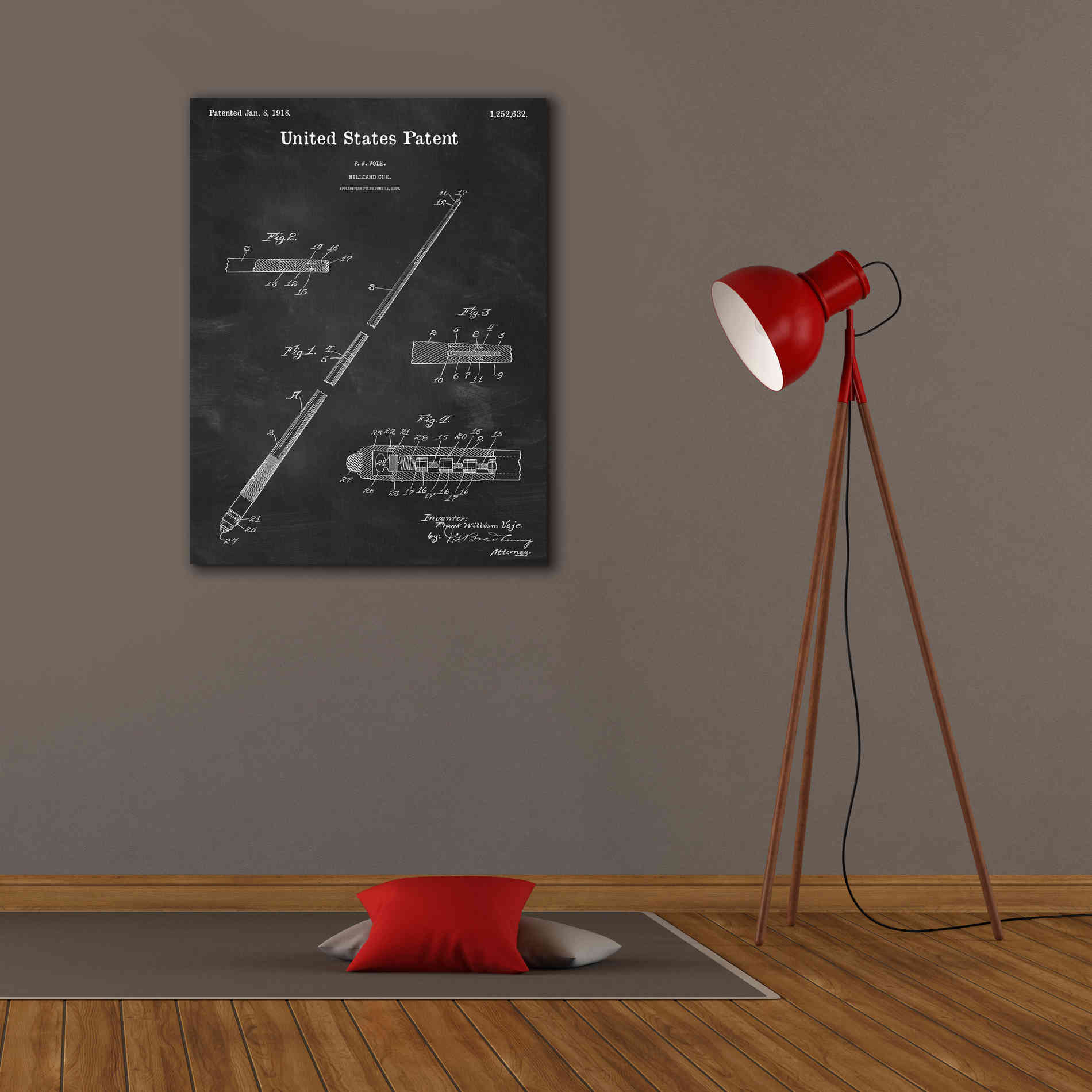 'Billard Cue Blueprint Patent Chalkboard,' Canvas Wall Art,26 x 34