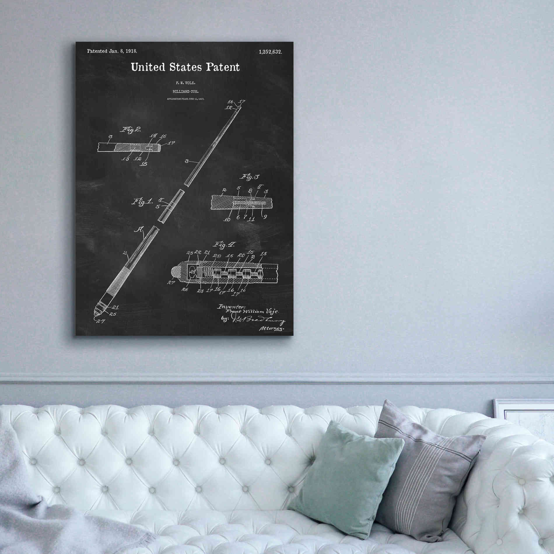 'Billard Cue Blueprint Patent Chalkboard,' Canvas Wall Art,40 x 54
