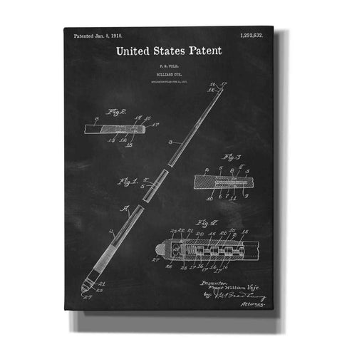 Image of 'Billard Cue Blueprint Patent Chalkboard,' Canvas Wall Art,12x16x1.1x0,18x26x1.1x0,26x34x1.74x0,40x54x1.74x0