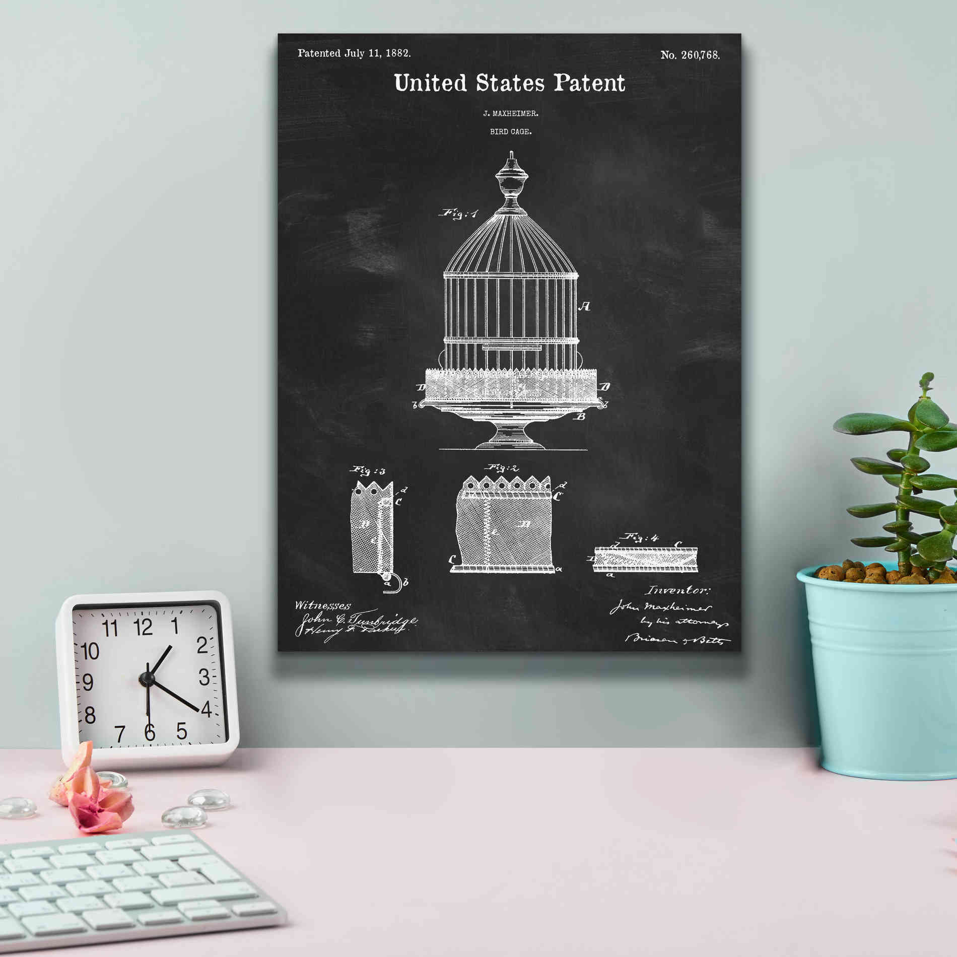 'Bird Cage Blueprint Patent Chalkboard,' Canvas Wall Art,12 x 16
