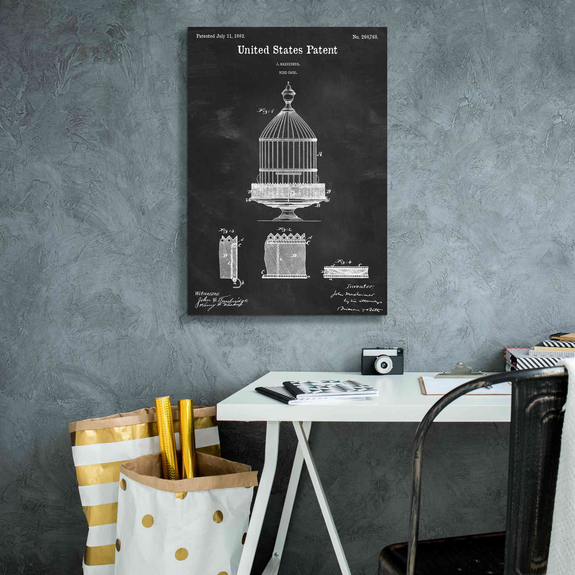 'Bird Cage Blueprint Patent Chalkboard,' Canvas Wall Art,18 x 26