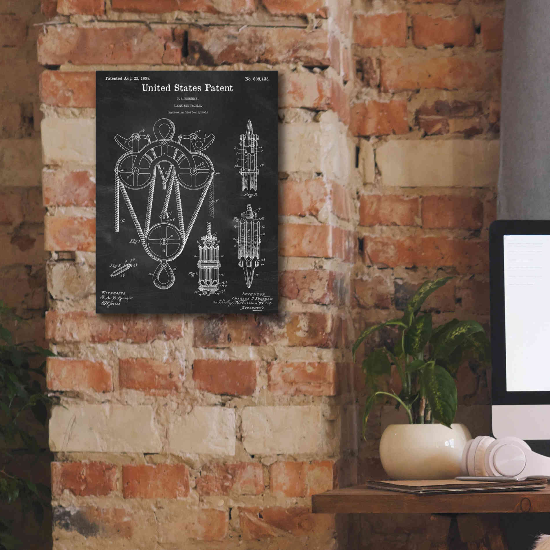 'Block and Tackle Blueprint Patent Chalkboard,' Canvas Wall Art,12 x 16