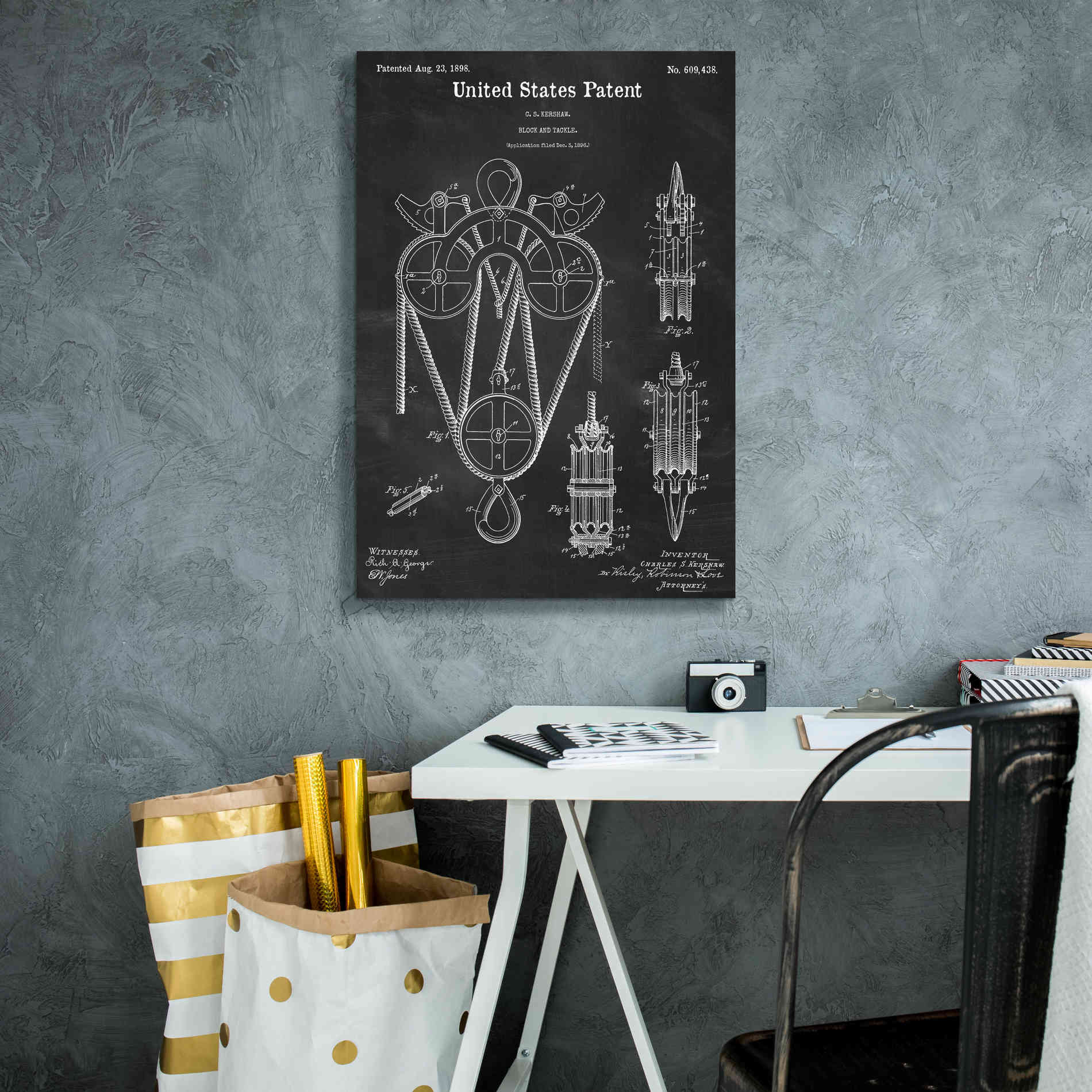 'Block and Tackle Blueprint Patent Chalkboard,' Canvas Wall Art,18 x 26