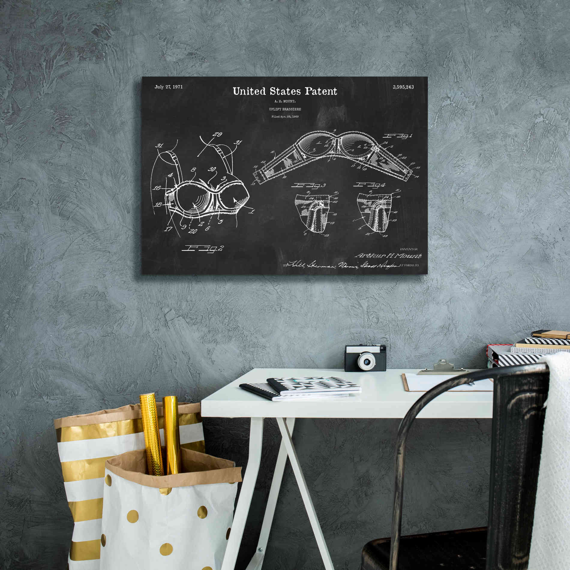 'Push-up Bra Blueprint Patent Chalkboard,' Canvas Wall Art,26 x 18