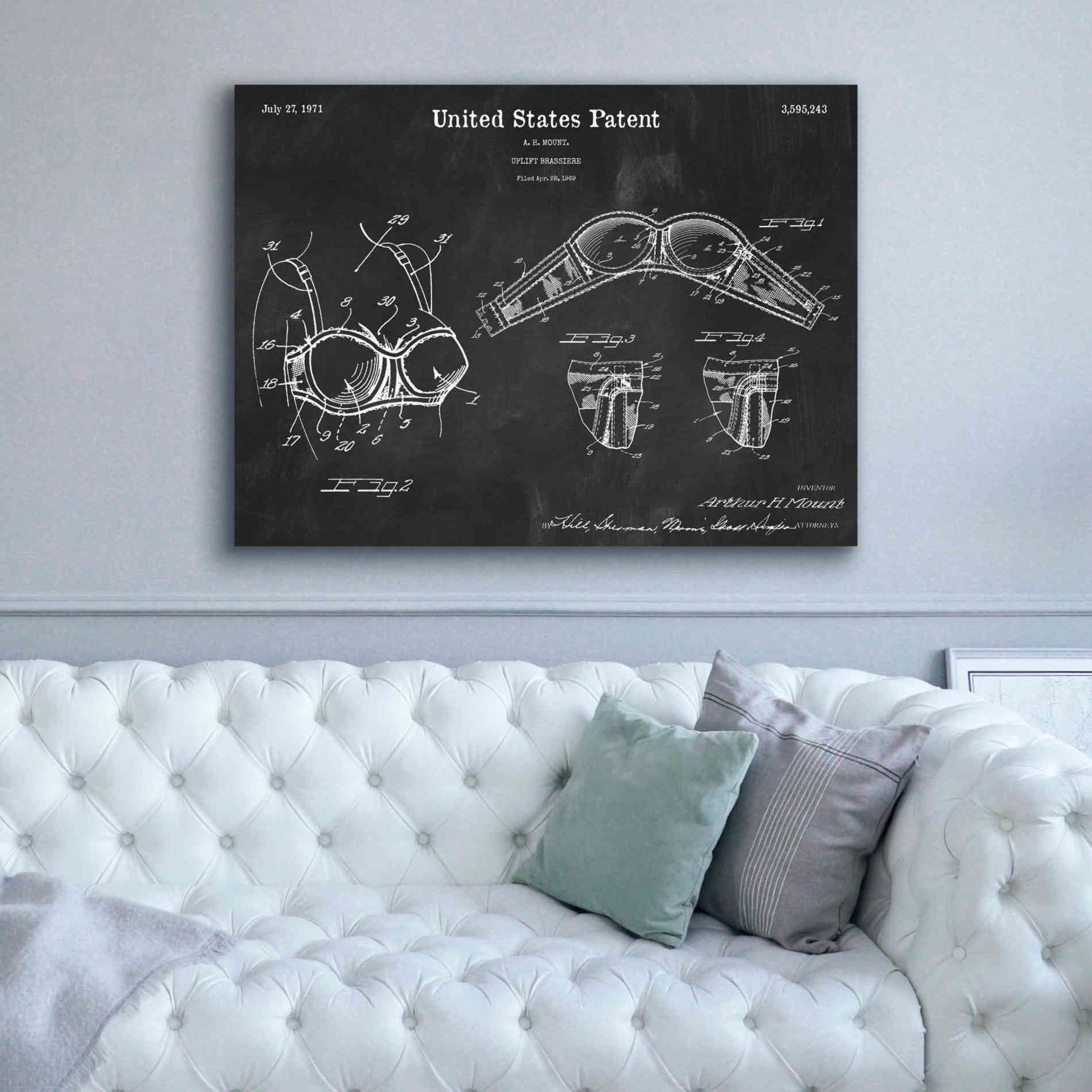 'Push-up Bra Blueprint Patent Chalkboard,' Canvas Wall Art,54 x 40