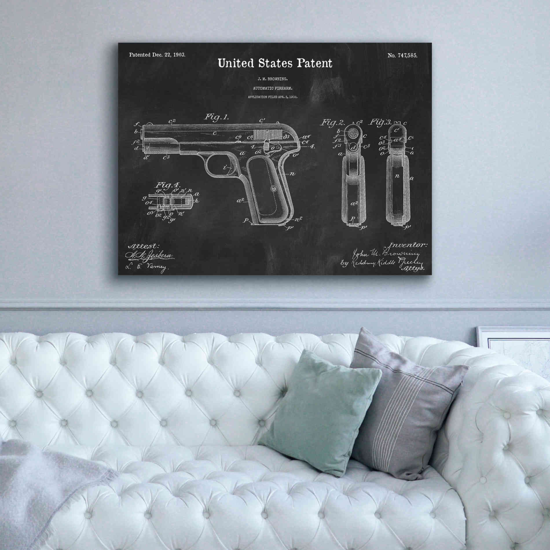 'Pistol Blueprint Patent Chalkboard,' Canvas Wall Art,54 x 40