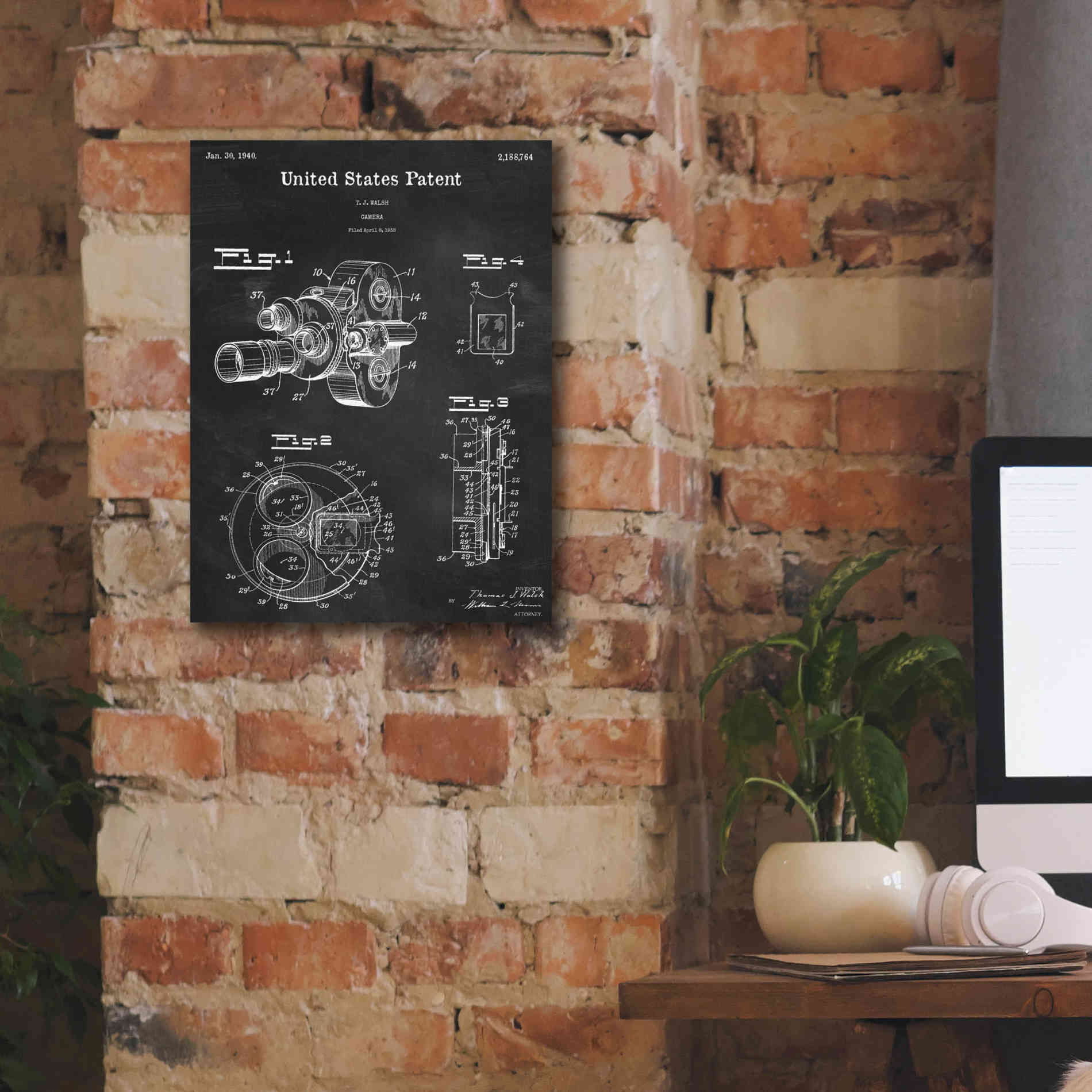 'Film Camera Blueprint Patent Chalkboard,' Canvas Wall Art,12 x 16