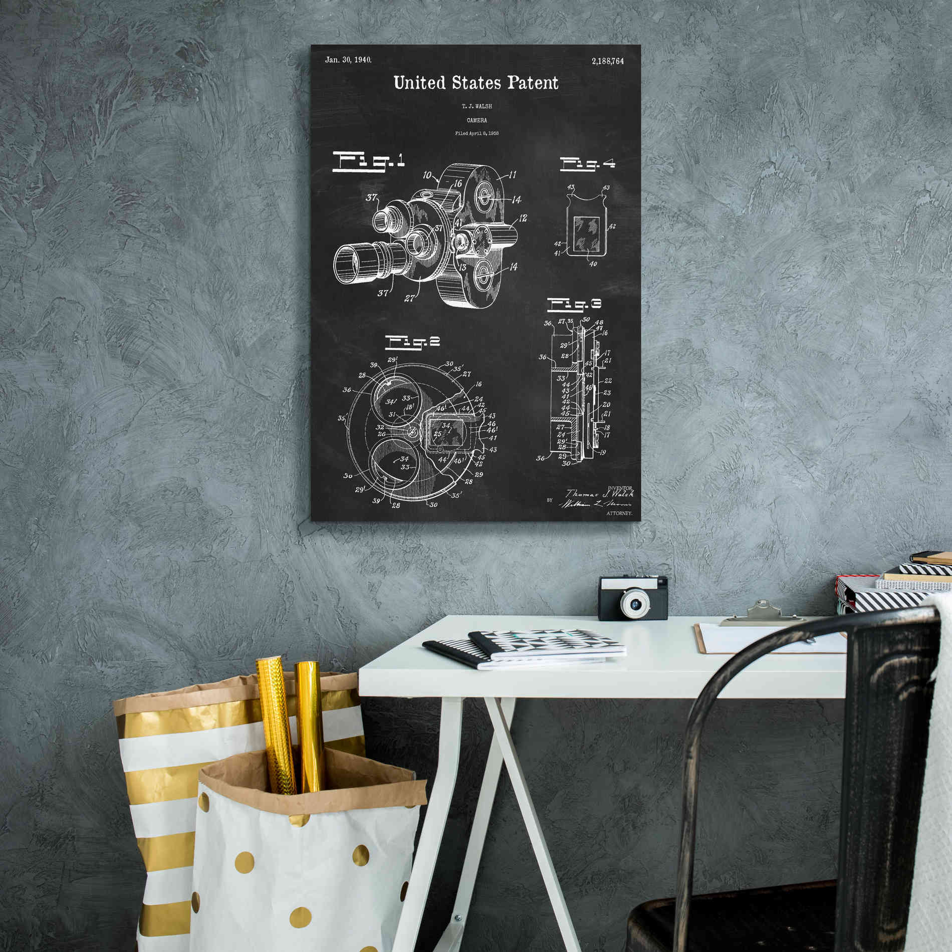 'Film Camera Blueprint Patent Chalkboard,' Canvas Wall Art,18 x 26