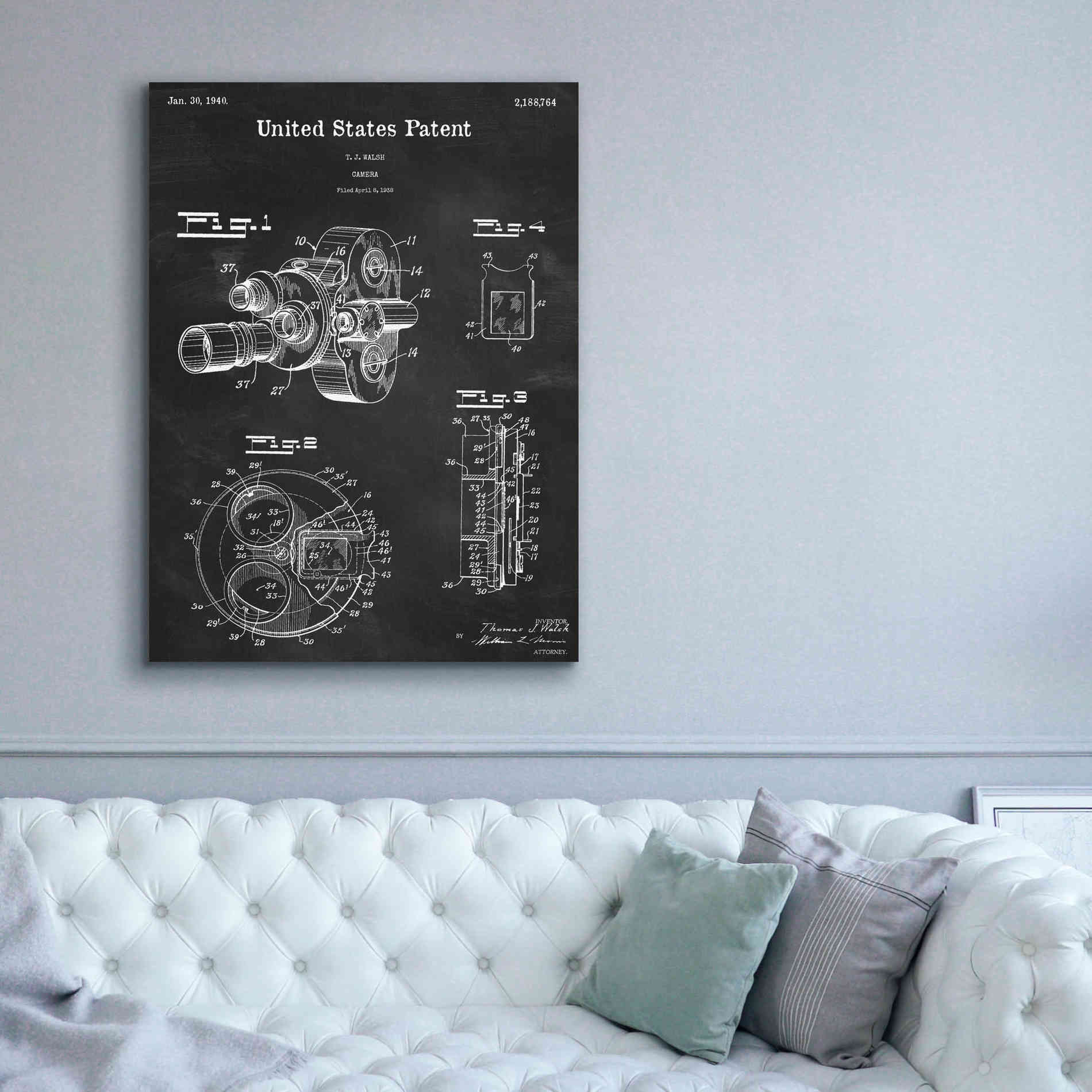 'Film Camera Blueprint Patent Chalkboard,' Canvas Wall Art,40 x 54