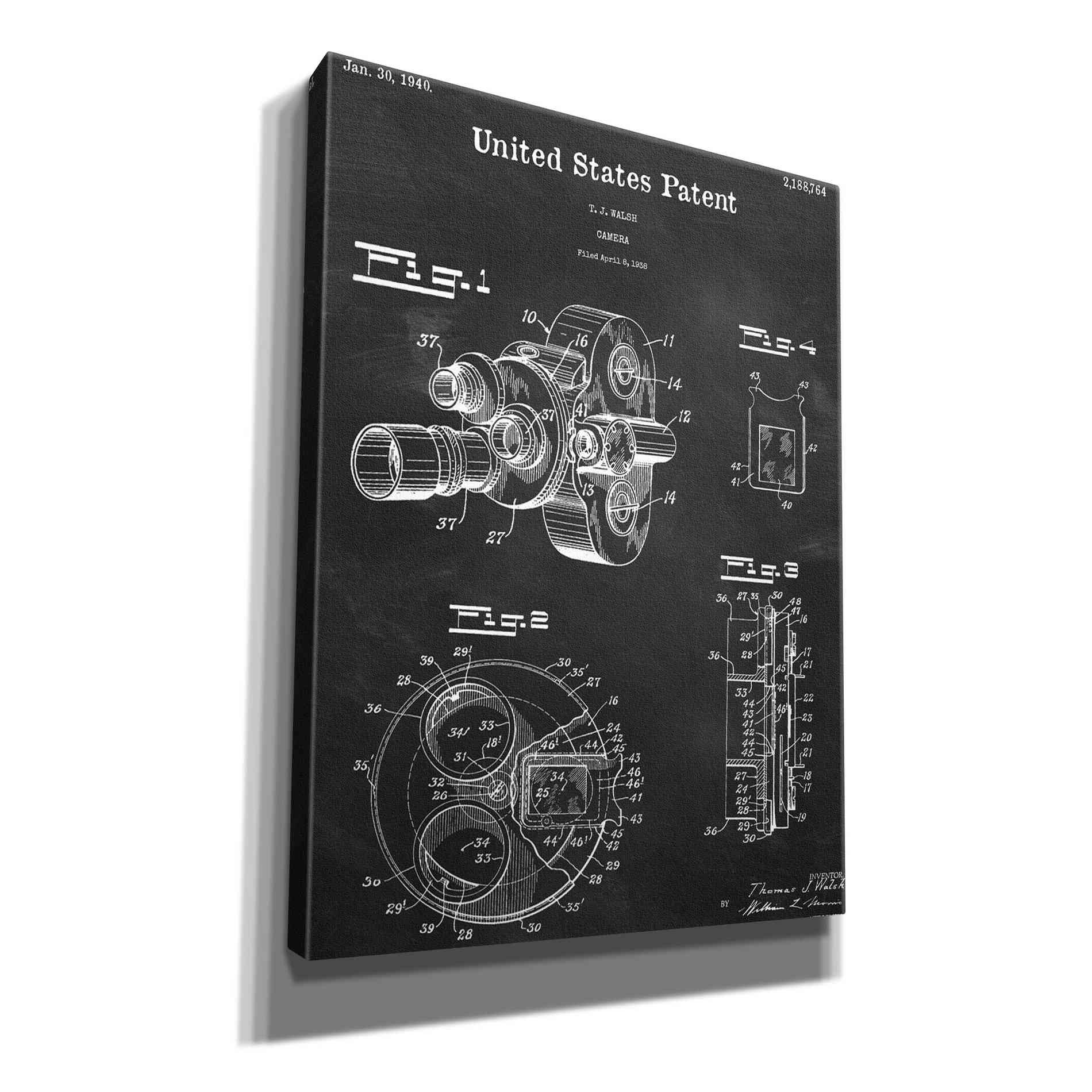 'Film Camera Blueprint Patent Chalkboard,' Canvas Wall Art,12x16x1.1x0,18x26x1.1x0,26x34x1.74x0,40x54x1.74x0