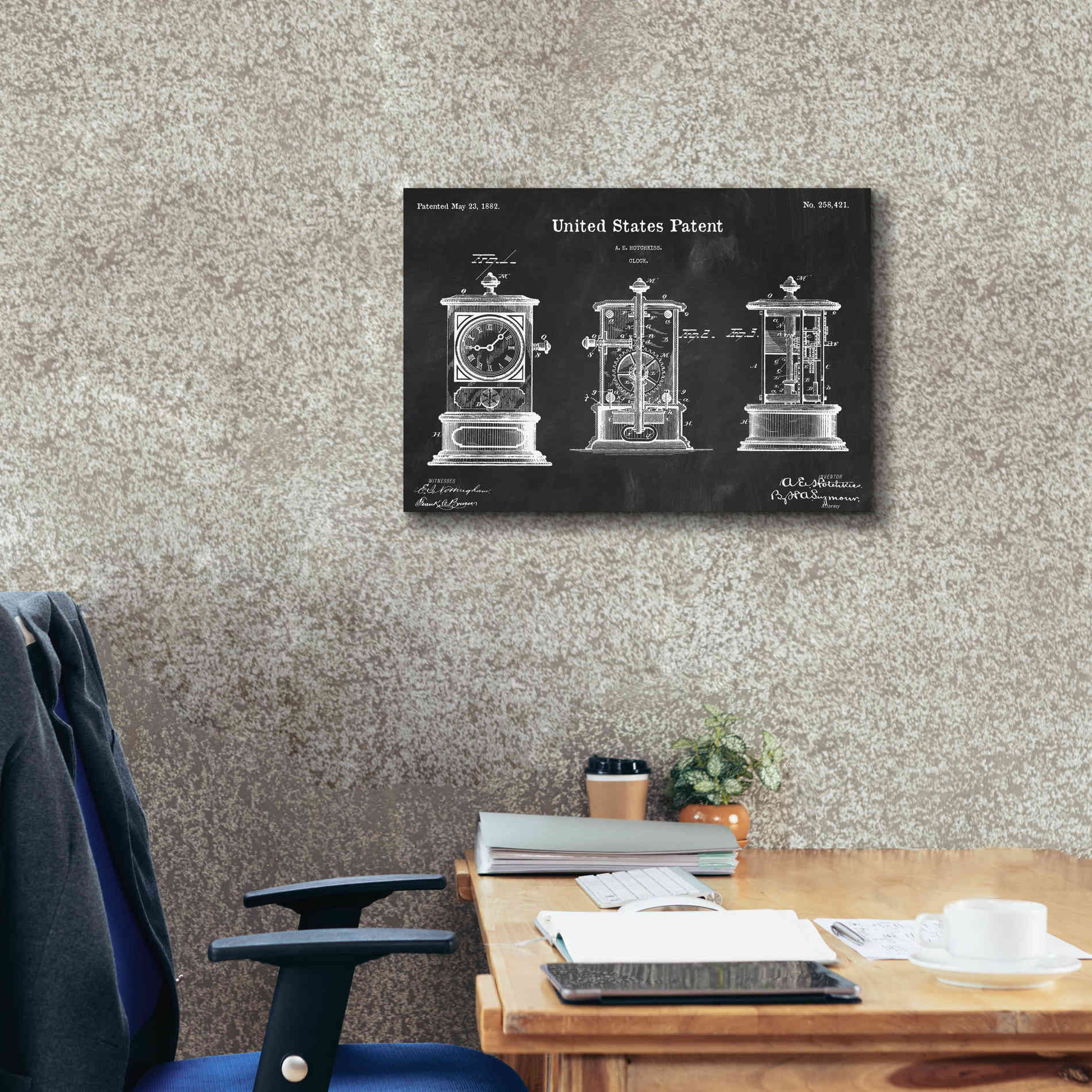 'Clock Blueprint Patent Chalkboard,' Canvas Wall Art,26 x 18