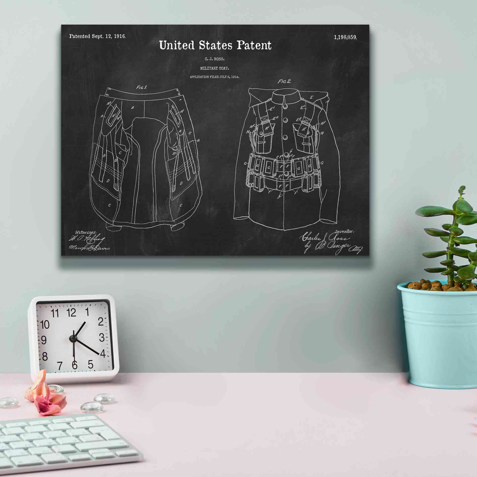 'Military Coat Blueprint Patent Chalkboard,' Canvas Wall Art,16 x 12