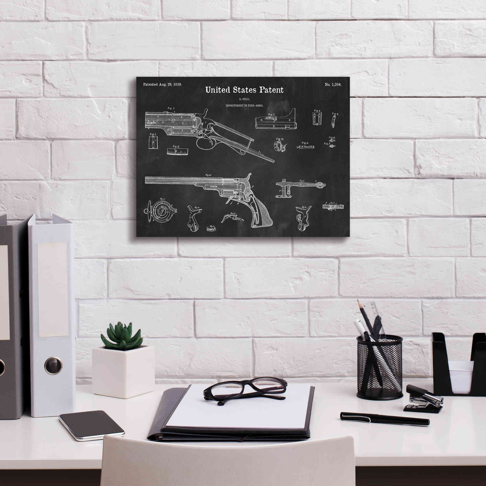 'Colt Revolver Blueprint Patent Chalkboard,' Canvas Wall Art,16 x 12