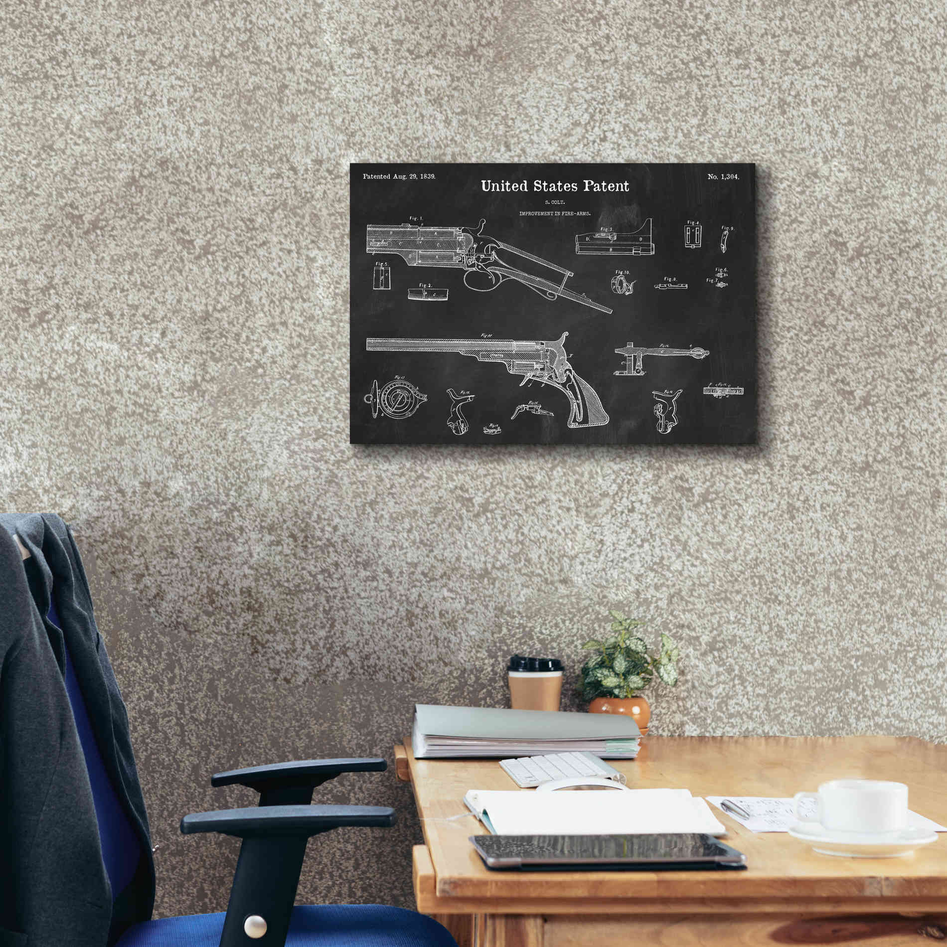 'Colt Revolver Blueprint Patent Chalkboard,' Canvas Wall Art,26 x 18