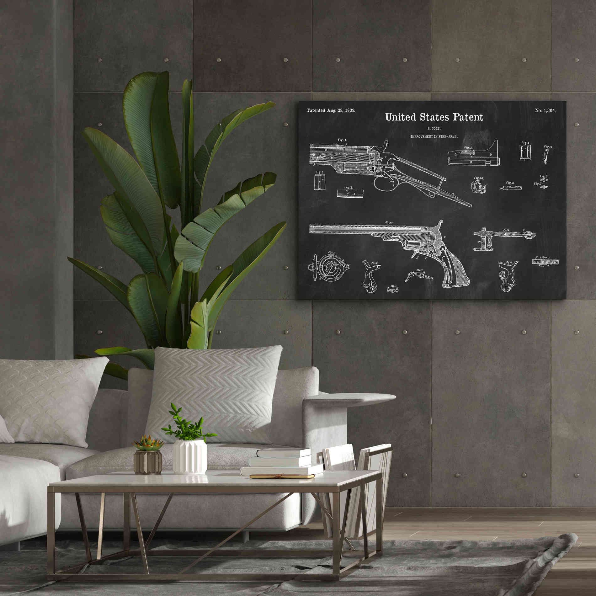 'Colt Revolver Blueprint Patent Chalkboard,' Canvas Wall Art,54 x 40