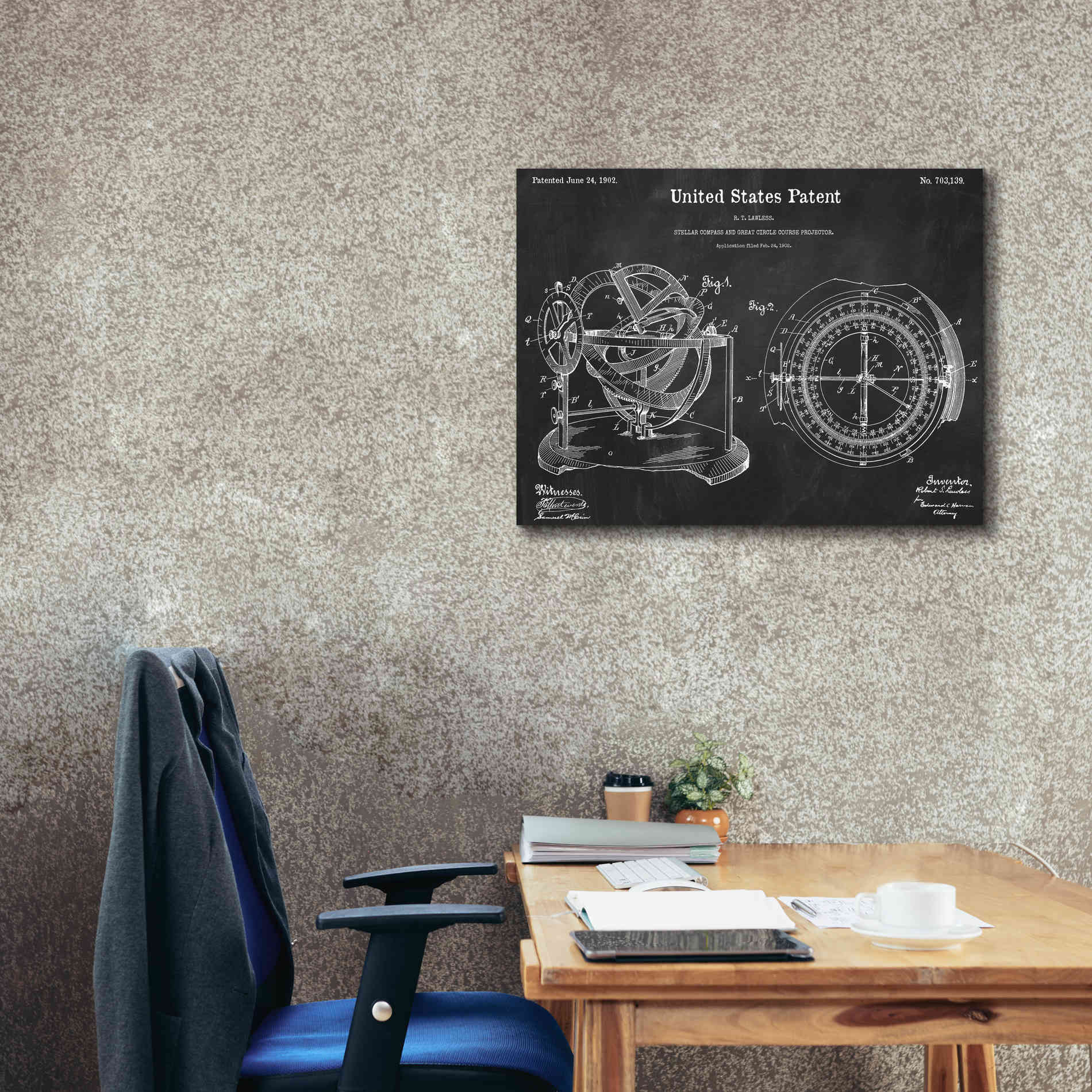 'Stellar Compass Blueprint Patent Chalkboard,' Canvas Wall Art,34 x 26